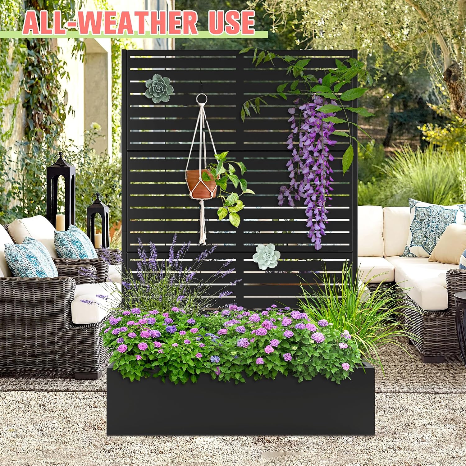 Metal Planter Box with Trellis, Raised Garder Bed with Drainage Hole, Privacy Screen & Trellis for Climbing Plants, Plant Stands, 47''L×17''W×71''H, Black