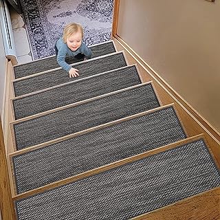 Non Slip Stair Treads for Wooden Stairs, 8" x 30" Staircase Step Treads, 100% Linen, Reusable Adhesive, Indoor, for Kids, Seniors & Dogs (Black, 5pcs)