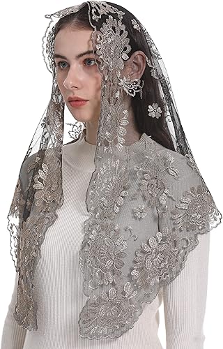 Miniatura 8 de Bozidol Mantilla de iglesia con velo católico  Triángulo Santa Virgen Bordado Bufanda Tradicional Velo de Misa Capilla Oración Velo de Encaje