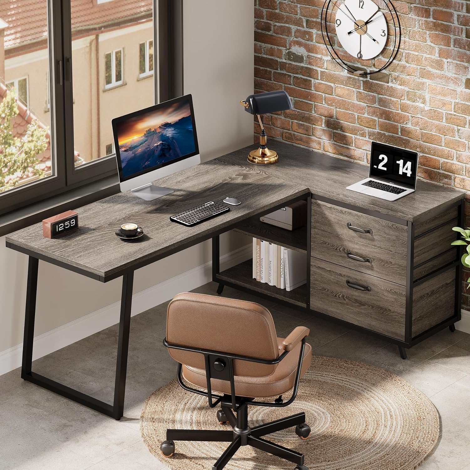Tribesigns 53" L Shaped Office Desk, Reversible Corner Computer Desk with 3 File Drawers and 2 Storage Shelves for Home Office, Study, Gaming Room (Grey)