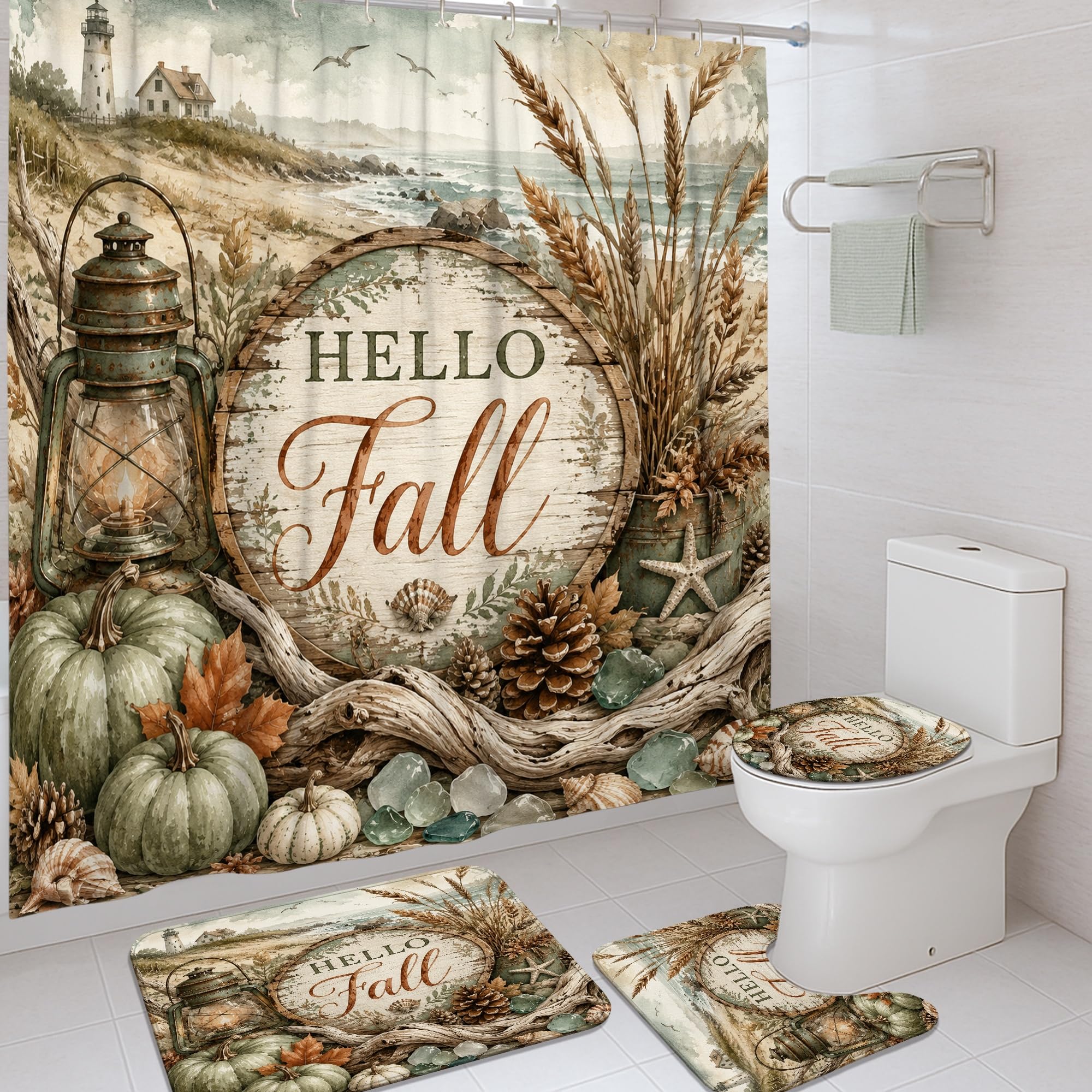Rideau de douche anti éclaboussures tissu étanche et tapis de bain motif citrouilles