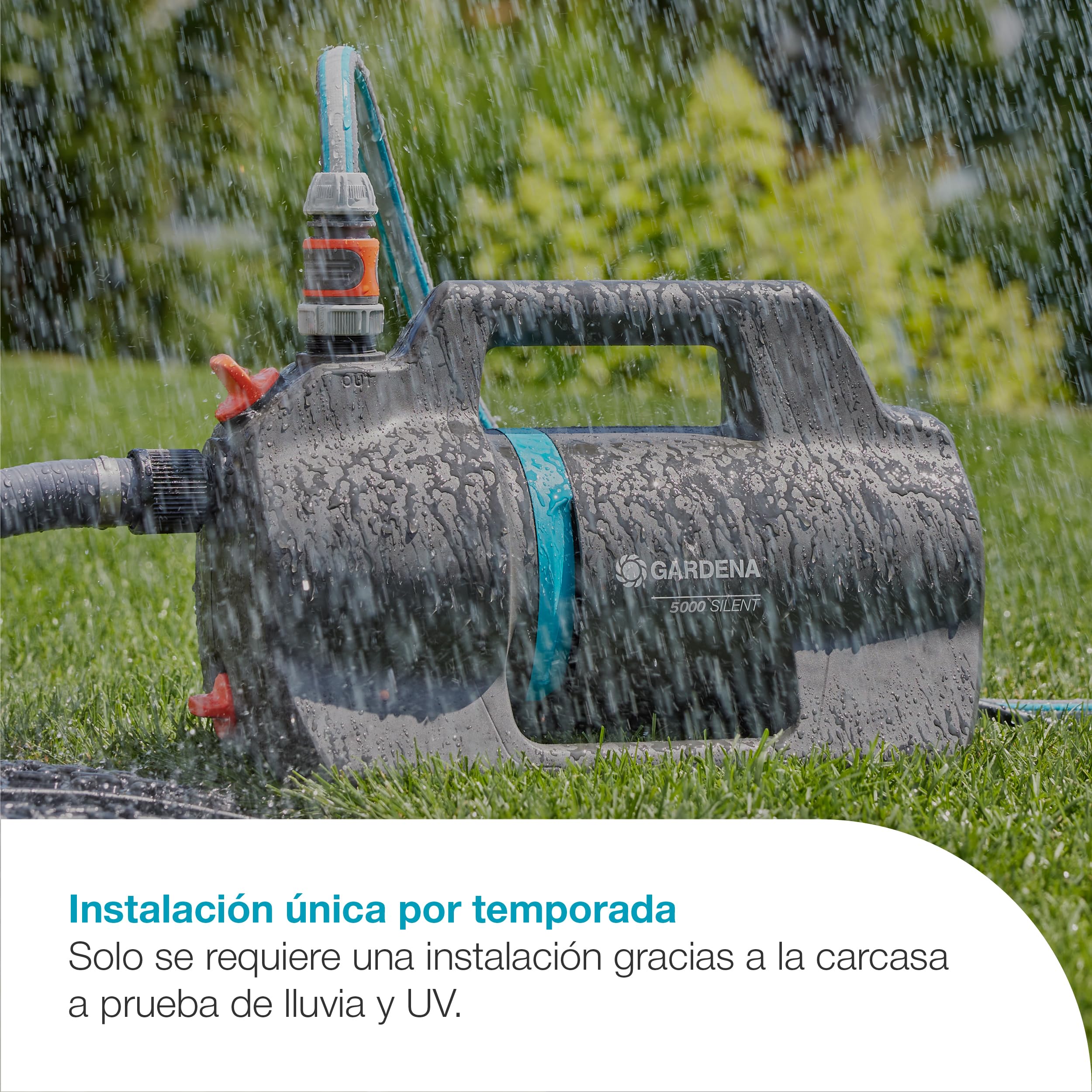 GARDENA Bomba de riego 5000 Silent Set Bombas: 26% más de flujo con el mismo consumo de energía que el predecesor, Operación de bajo ruido, carcasa resistente a la lluvia y a los rayos UV (9081-20)