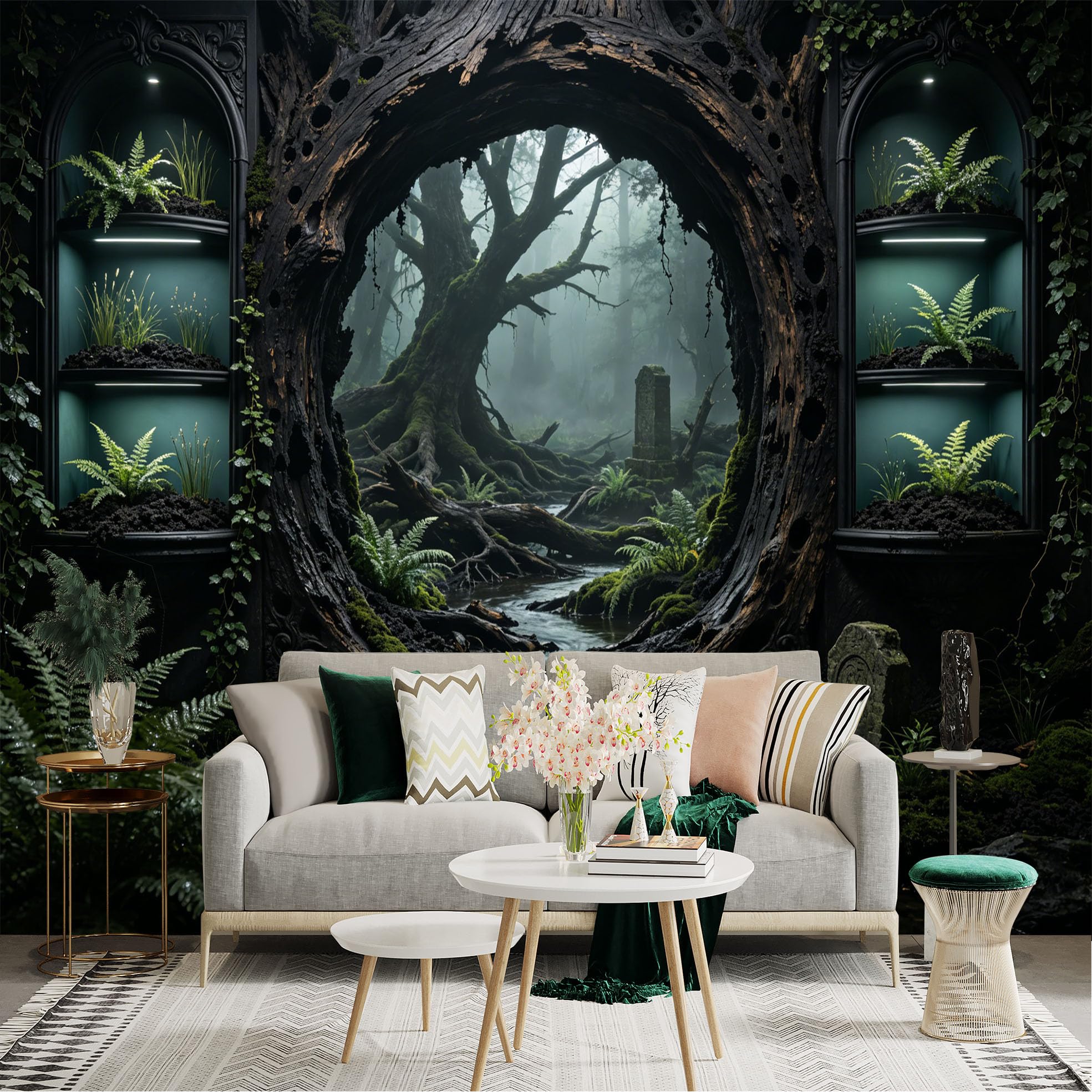 Custom Size Wall Sticker Mural， Enchanted Forest with Mist， Stream and Ancient Trees， for wall Decoration， peelandstick wall Decals.