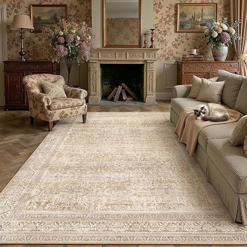 8x10 Beige Neutral Area Rug for Living Room Bedroom Machine Washable Retro Low Pile Carpet Floral Soft Non Slip Rug for Dining Room Decor Nursery Indoor
