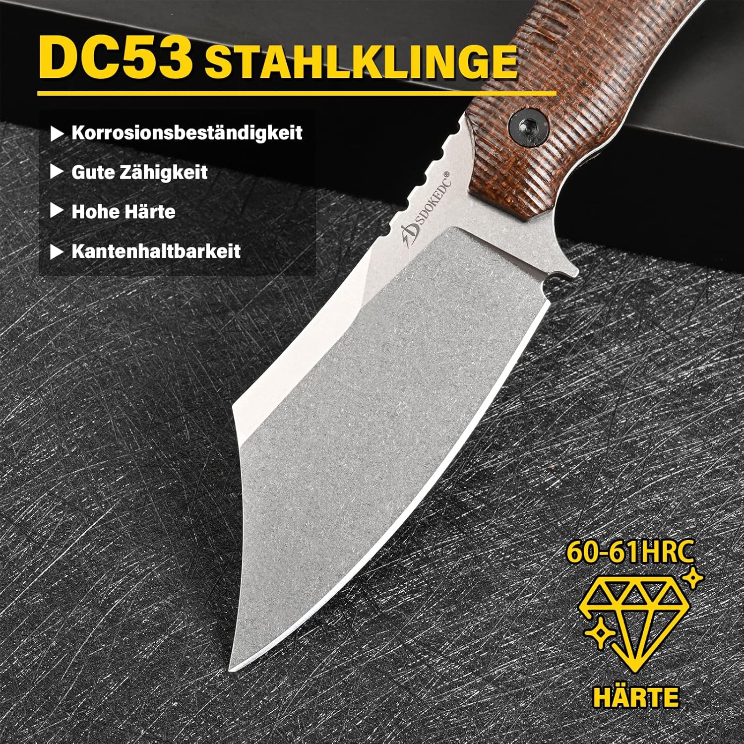 Tactical Fixed Blade Knife DC53 Steel Micarta Handle Kydex Sheath Knives for EDC Outdoor Camping Survival Hunting (White Stone Wash)