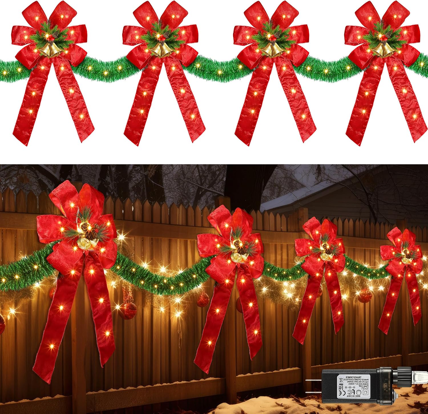 13 FT Christmas Bows Fence Decoration, 140LED Lighted Large Christmas Bows Decoration with 8 Mode and Timing Ornament for Party Front Door Fireplace(Red,Artificial Garland)