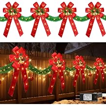 13 FT Christmas Bows Fence Decoration, 140LED Lighted Large Christmas Bows Decoration with 8 Mode and Timing Ornament for Party Front Door FireplaceRed,Artificial Garland
