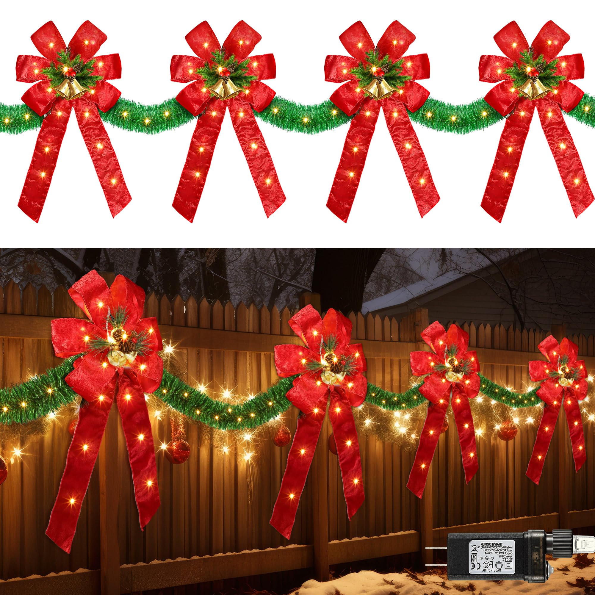 Nœuds de Noël de 4 m pour décoration de clôture, grands nœuds de Noël éclairés à 140 DEL avec 8 modes et minuterie pour porte d'entrée de fête, cheminée (rouge, guirlande artificielle)