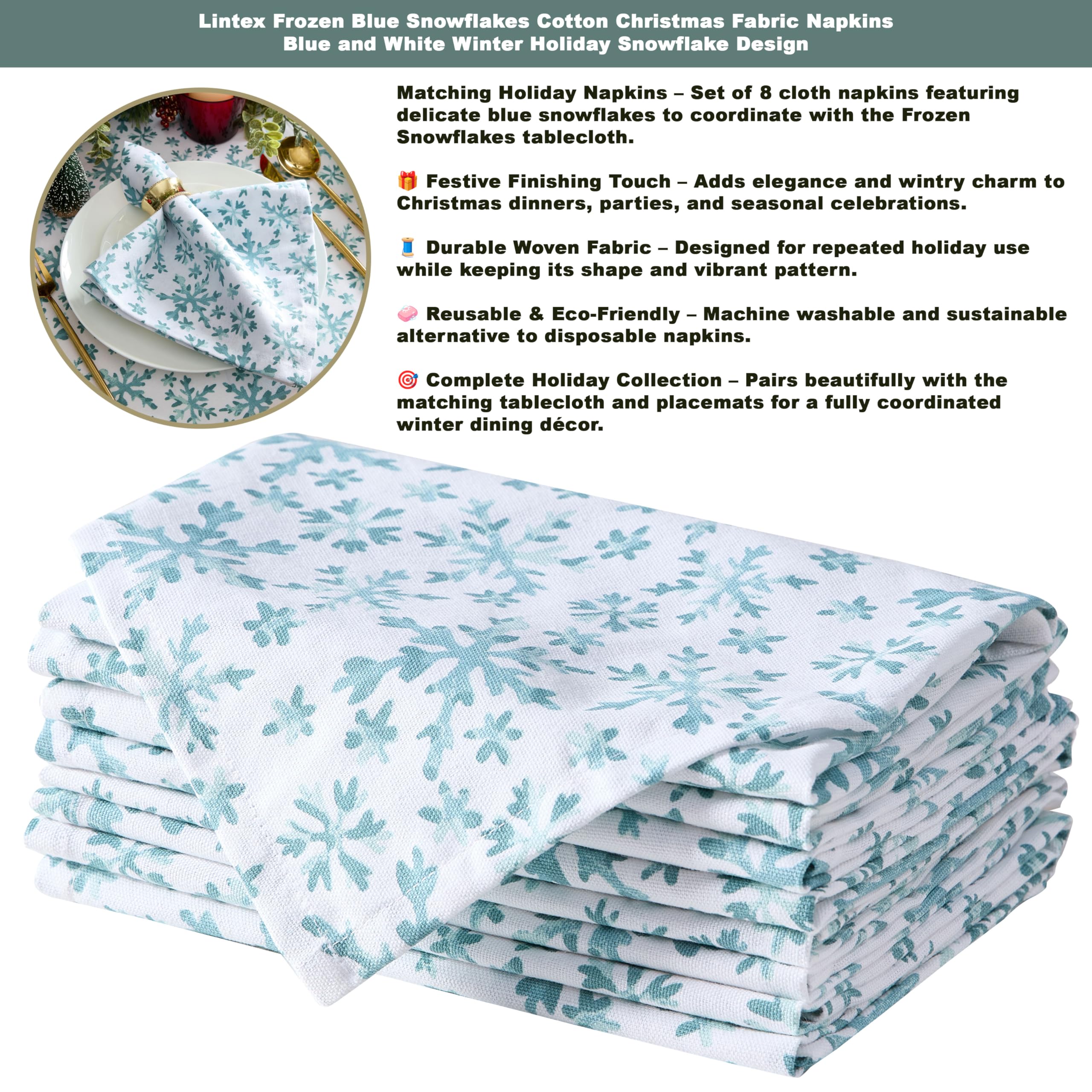 Lintex Mantel de tela de algodón con copos de nieve azul congelado, azul y blanco, mantel de algodón de fácil cuidado, 152 x 213 cm, oblongo/rectangular