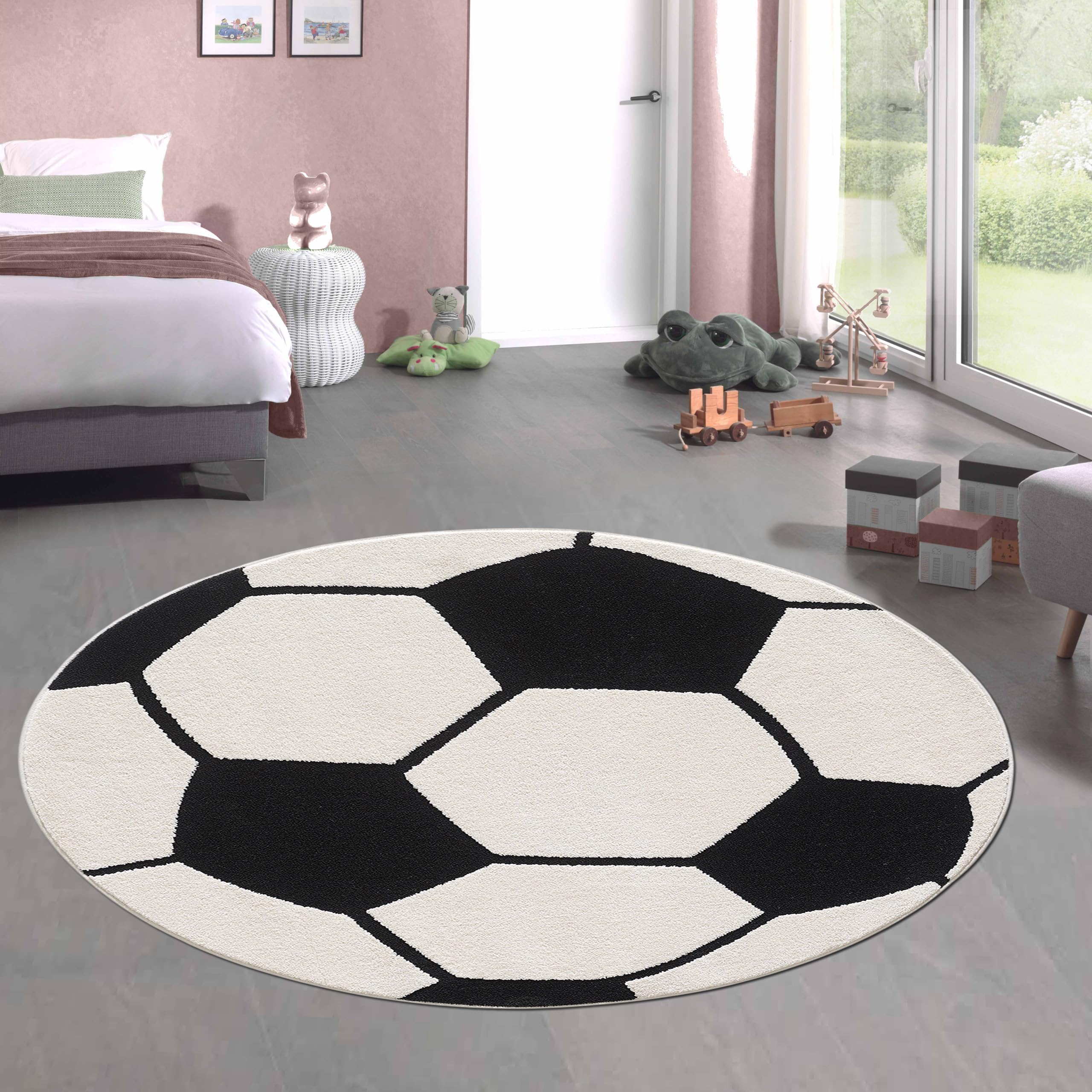 CARPETIA Alfombra Infantil Redonda fútbol Efecto High-Low Blanco Negro Suave para niños, 120 cm Redonda