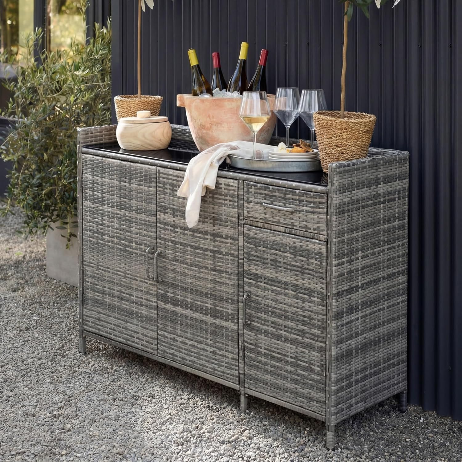 Merax 47.5" Wicker Outdoor Storage Cabinet with Tempered Glass Desktop, Weather-Proof Rattan Bar Table with 3 Doors, Adjustable Shelf, 1 Drawer for Outdoor Cushions, Pool Toys, Garden Tools, Grey