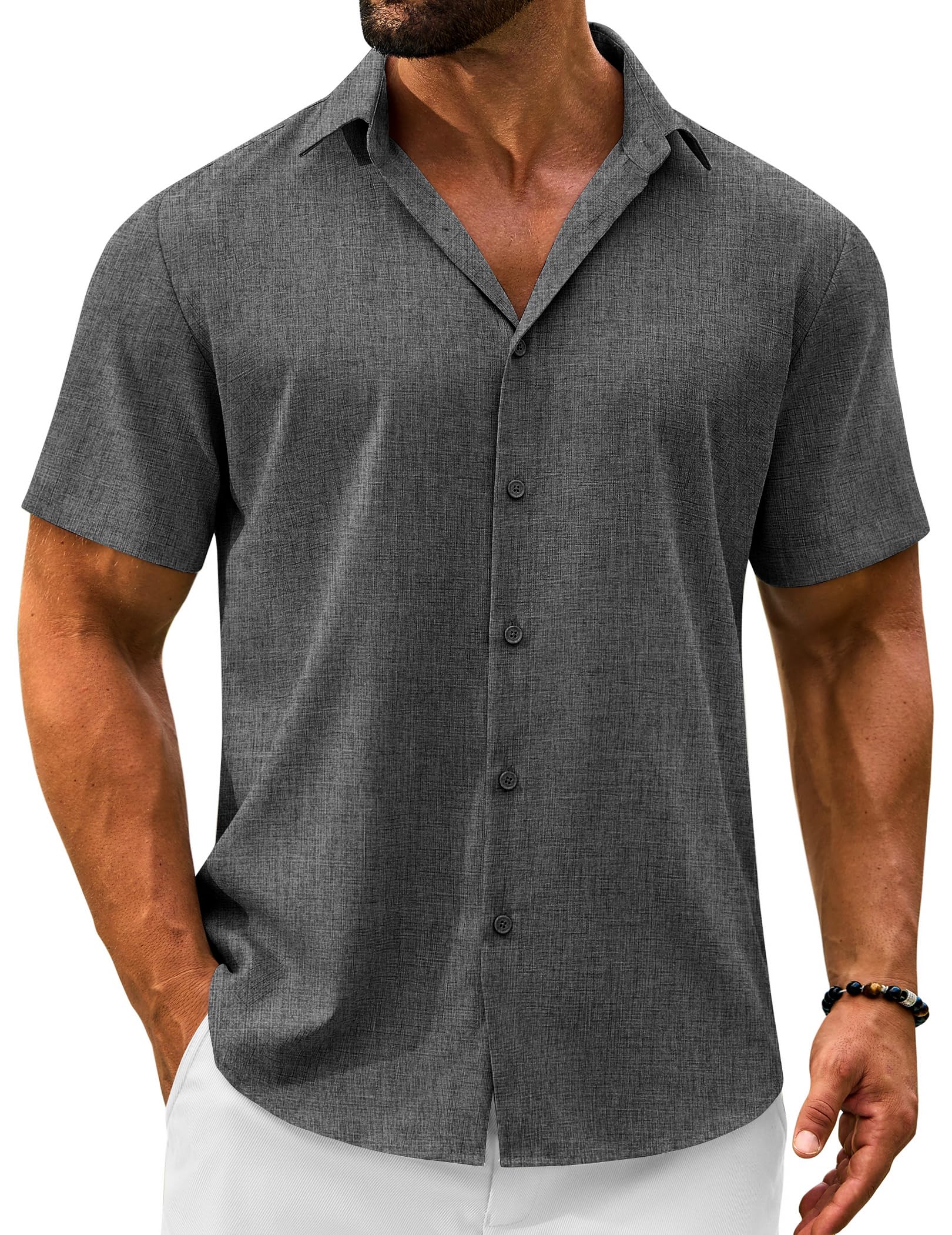 VOZZBY Men's Linen Shirts Short Sleeve Casual Button Down Shirts Summer Beach Wedding Vacation Cotton Tops