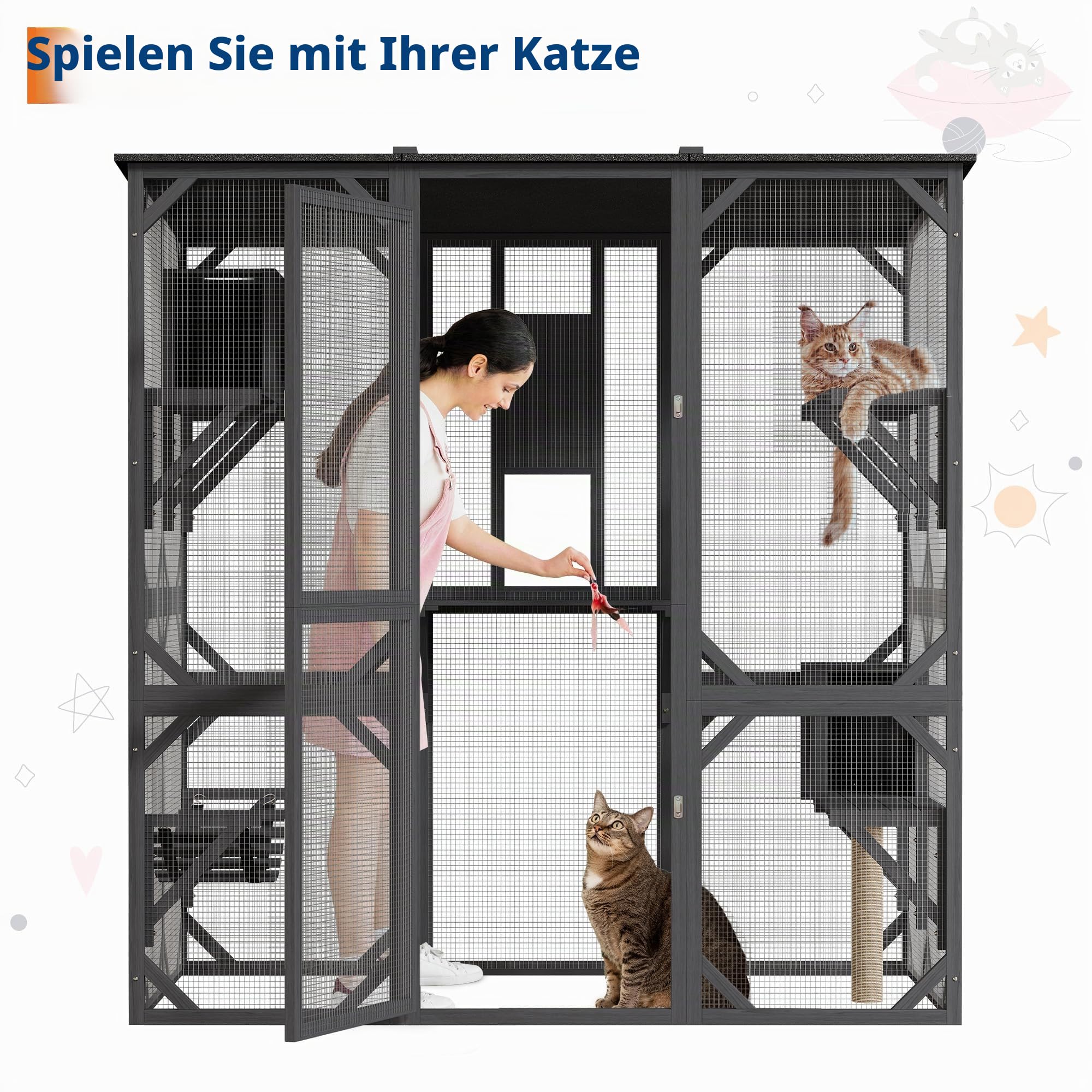 Großes Katzengehege, 177 x 173 x 92.5 cm großer Katzenhaus mit regenfest Dach, Liegeflächen, Hängematte & Plattformen, Drahtgitter Katzenkäfig für Innenbereich, Outdoor, Terrasse, Garten