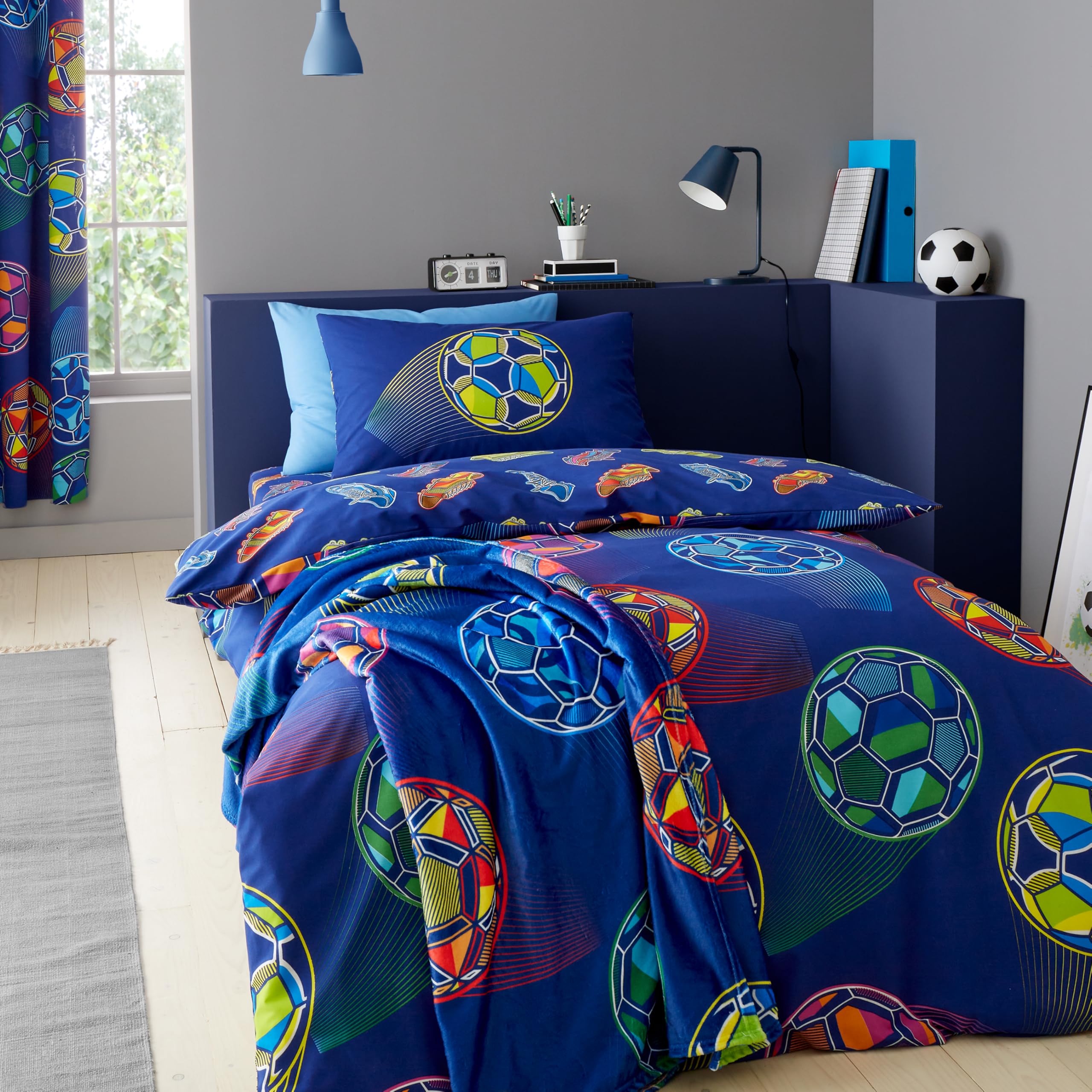 Catherine Lansfield Bright Football Reversible Single Duvet Cover Set with Pillowcase Navy Blue