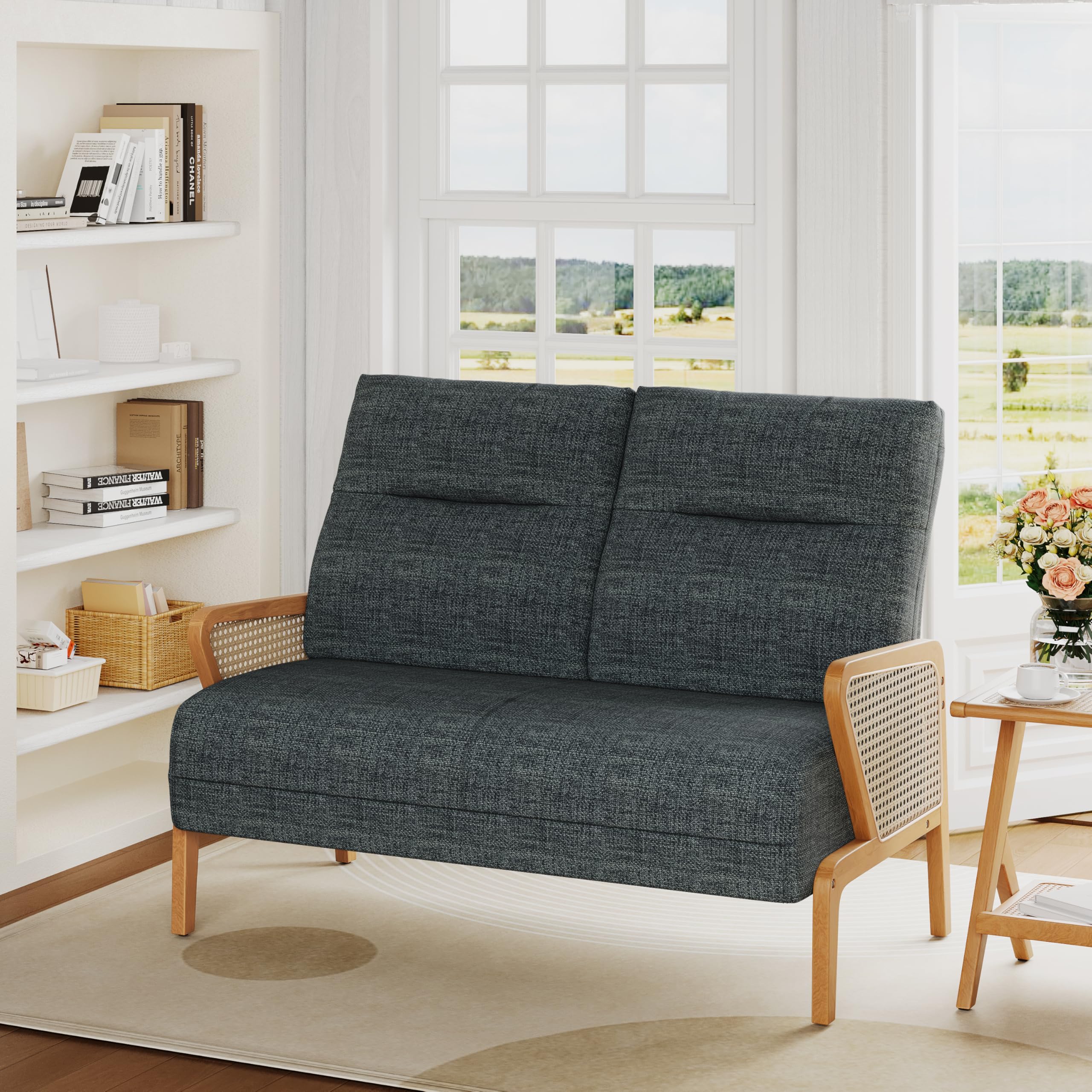 2-Seater Rattan Sofa Small Loveseat Sofa Couch Modern Settee Bench Dining Banquette Seat for Kitchen Dining Room Living Room Gray