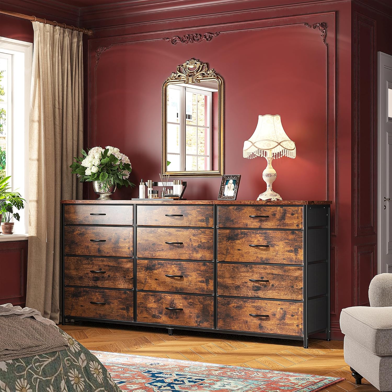 55" Dresser for Bedroom with 12 Fabric Drawers, Entertainment Center for 60 inch TV Dressers & Chests of Drawers Large Organizer, Living Room, Metal Frame, Wood Top, Rustic Brown