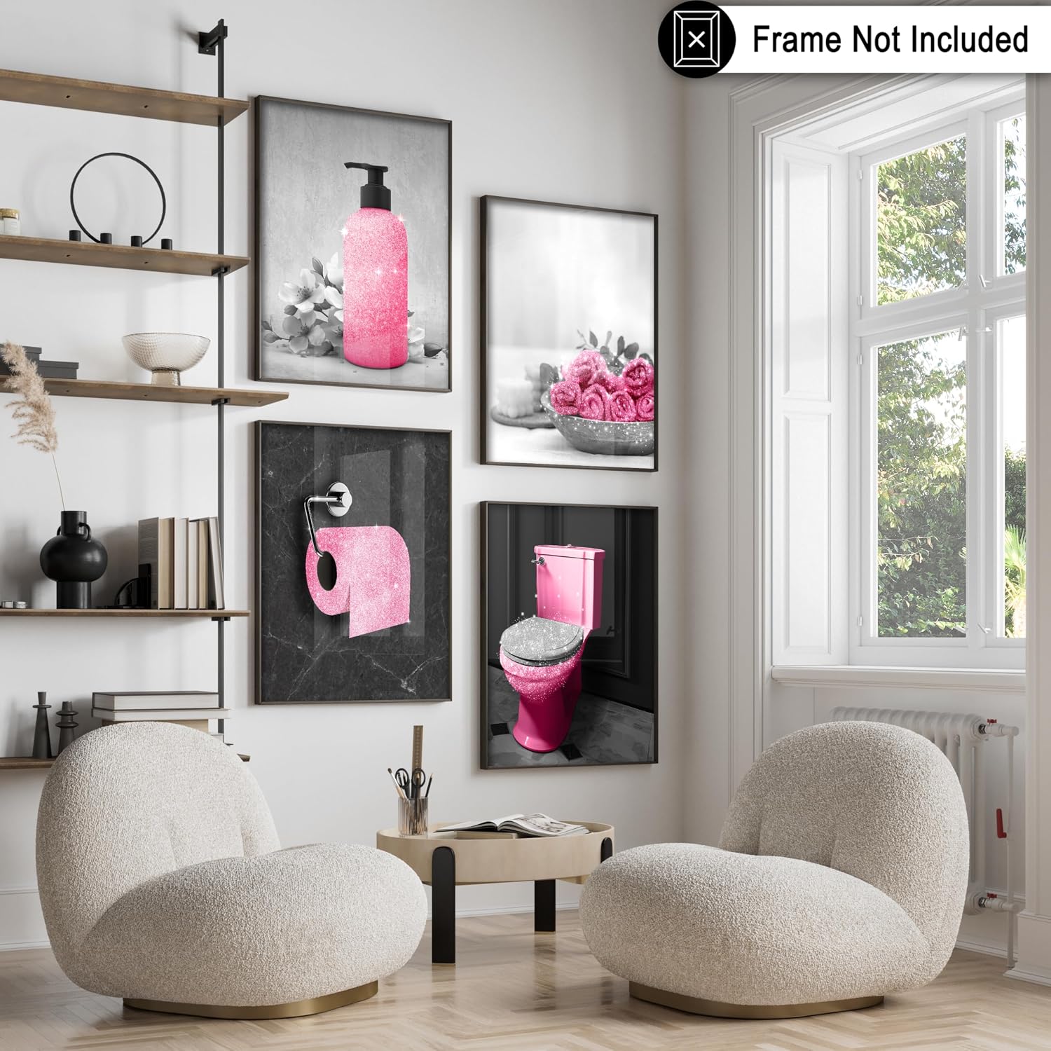 Poster Master 4-Piece Fashion Poster - Hush Print - Black & Pink Glitter Wall Art - Funny Bathroom Decor - Glam Powder Room Decor - Guest Bath Decorations - Restroom Art - 8x10 UNFRAMED Wall Art