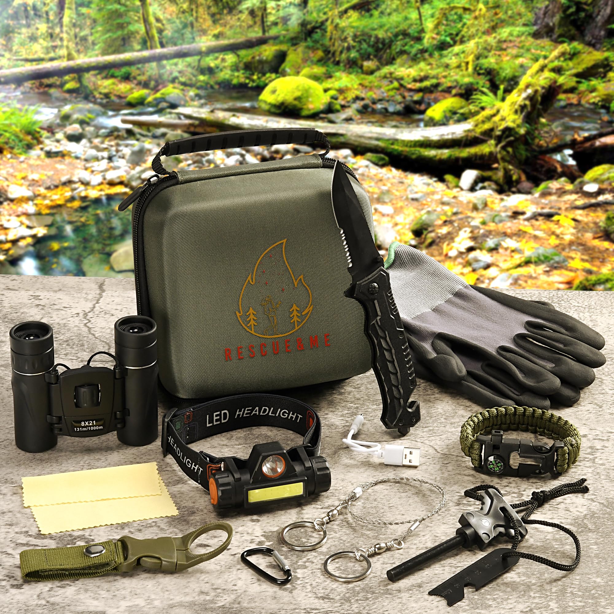 Kit De Survie Outdoor – 15 Outils Dont Sifflet, Lampe, Boussole, Scie à Fil, Paracorde, étui Compact 10 Cm, Pour Camping, Rando