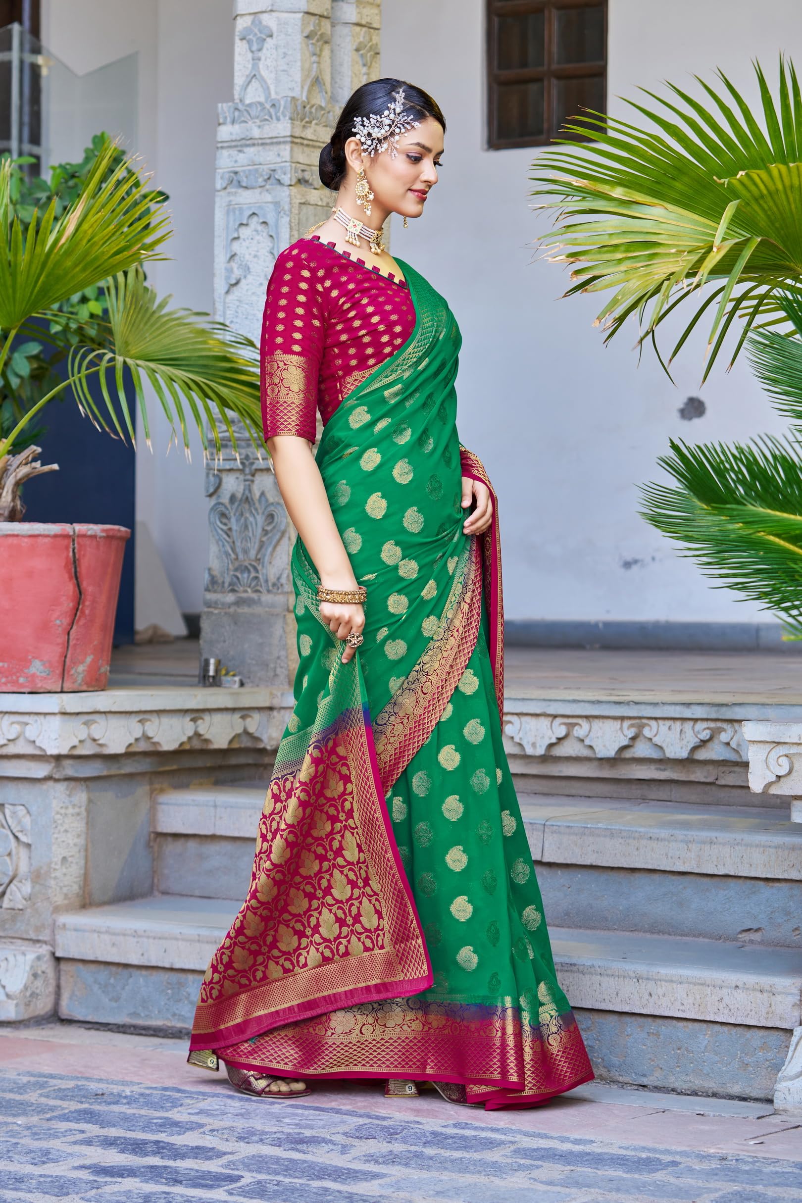 Glory Sarees Ręcznie barwione jedwabne sari z żorżety dla kobiet z kawałkiem bluzki (Heritage_Silk107_Parent)