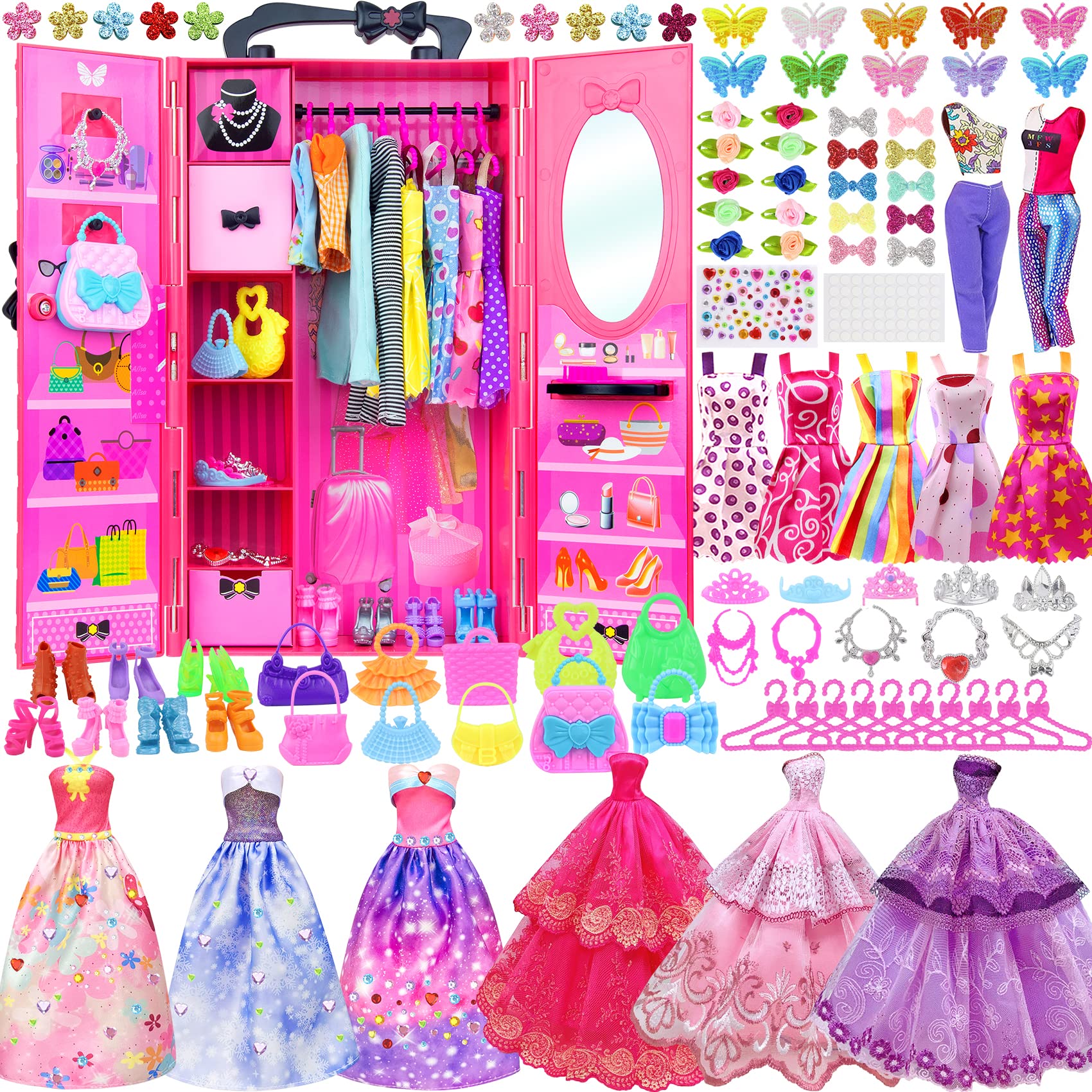ZITA ELEMENT 146 Pcs 11.5 Inch Doll Closet Wardrobe with Clothes Dresses Shoes and Other Accessories for 11.5 Inch Girl Doll Stuff Kids Girl Age 6 to 12