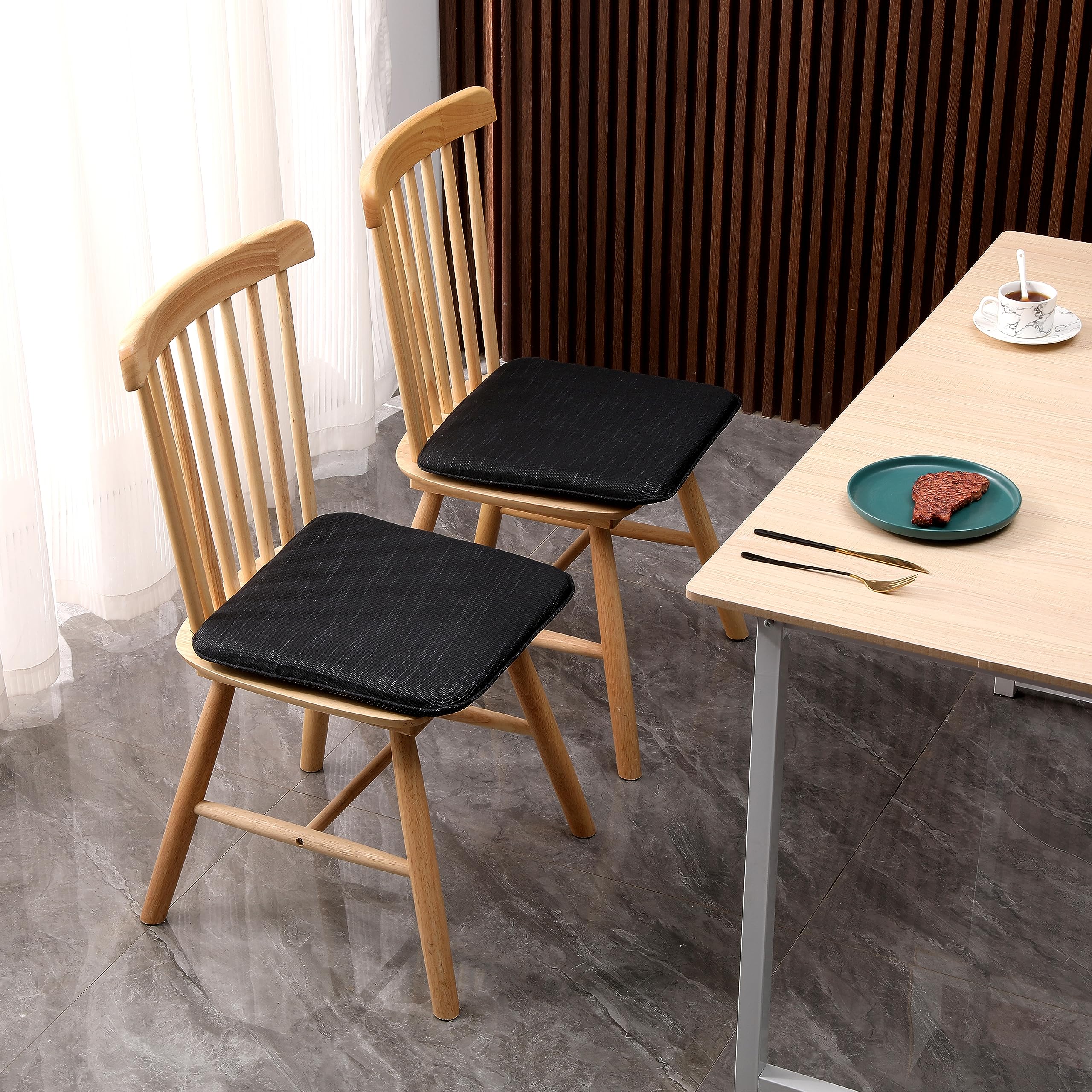 RACE LEAF 6er-Set Sitzkissen 40,5 x 40,5 cm Memory Foam Sitzauflagen, Wasserdicht, rutschfest, Dicke Stuhlkissen für Esszimmerstuhl, Bürostuhl, Gartenstuhl, Schwarz