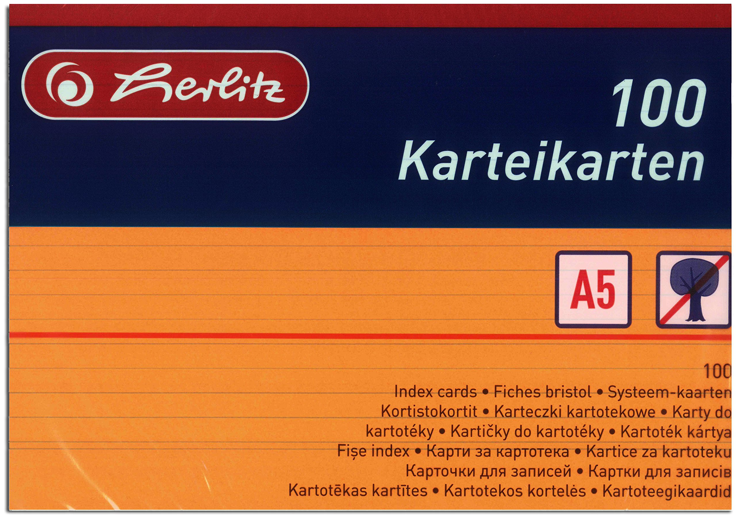 Herlitz Karteikarten A5, 170 g/m², holzfrei, 100er Packung, liniert (Gemischte Farben, 10 Packungen)