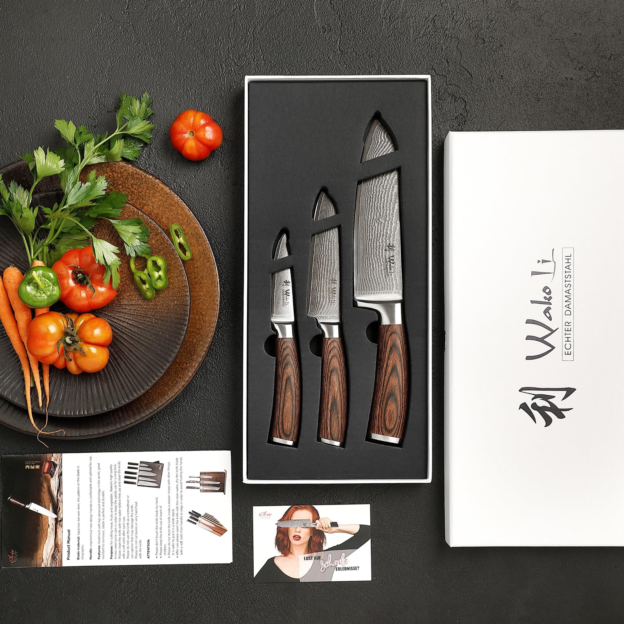 WAKOLI EDIB juego de 3 cuchillos de cocina de acero de damasco con núcleo VG10, hojas de 8,5 a 17 cm, 2 cuchillos Santoku y cuchillo de oficio, con bloque magnético de acacia y mangos de madera Pakka