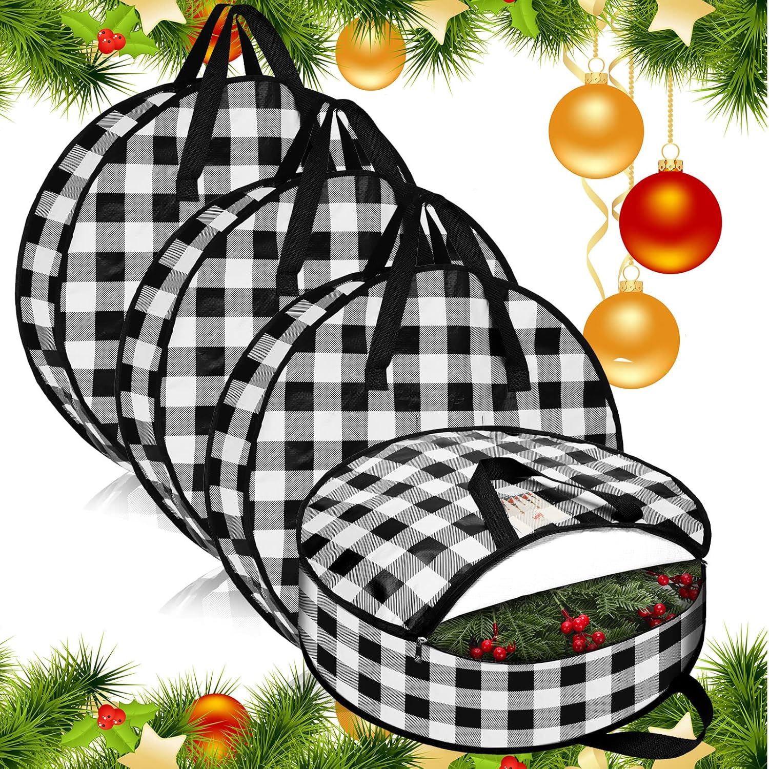 4 Pieces Christmas Wreath Storage Bag Round Buffalo Plaid