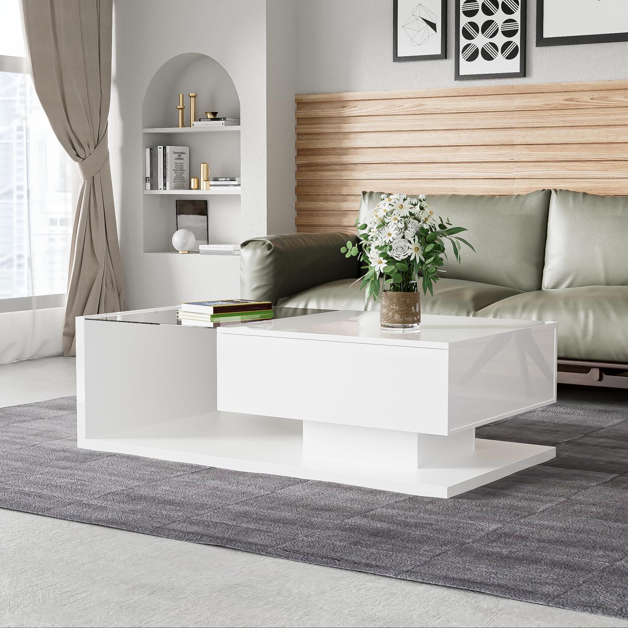 BTM Couchtisch, Hochglanz-Weiß. Beistelltische, Couchtische mit Glas und LED-Effekt