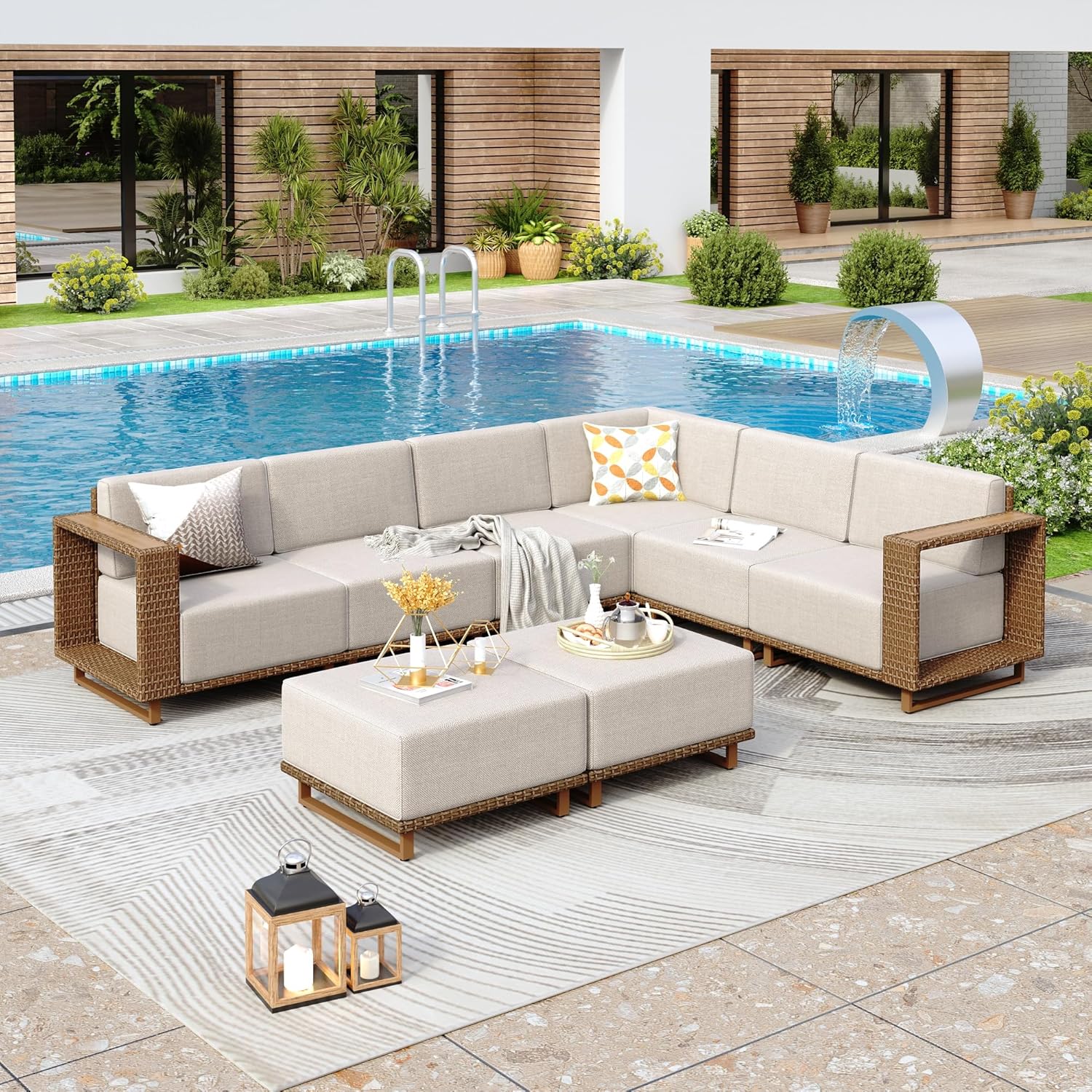 PHI VILLA Rattan Garden Furiture Sets 8 Seater, L shaped Corner Sofa Balcony Convervatory Modular Furniture with 2 Ottoman, Thickened Cushions and Pillows for Backyard Porch, Beige,