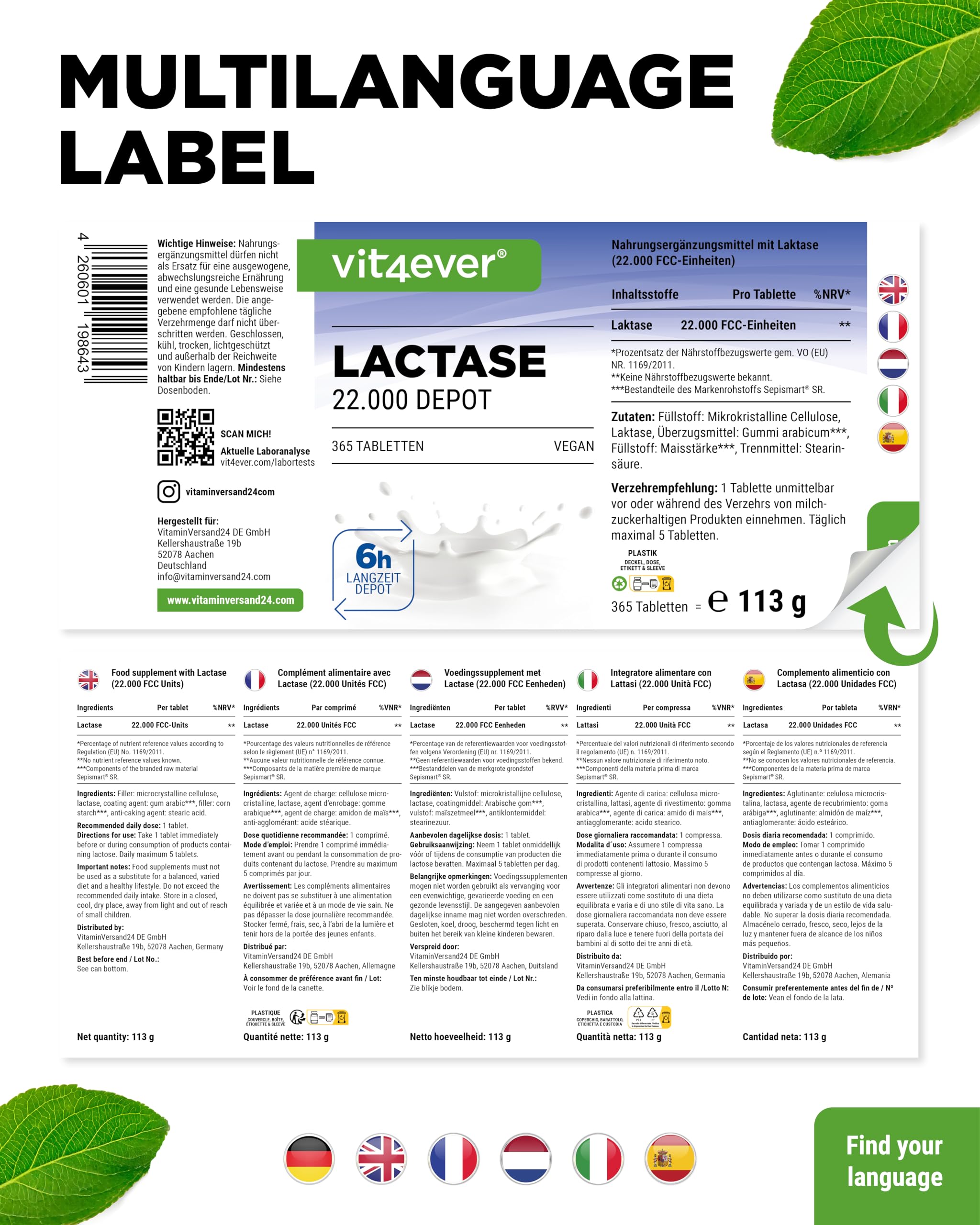 vit4ever Laktase 22.000 FCC Depot - 365 Tabletten - Sepismart® Slow Release | Hochdosiert mit 22.000 FCC-Einheiten - Bei Laktoseintoleranz + Milchunverträglichkeit, Vegan