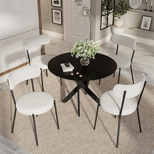 Miniatura 3 de Moderno juego de mesa de comedor redonda de 5 piezas, mesa de MDF circular negra y 4 sillas de comedor blancas Boucle, muebles de cocina con marco