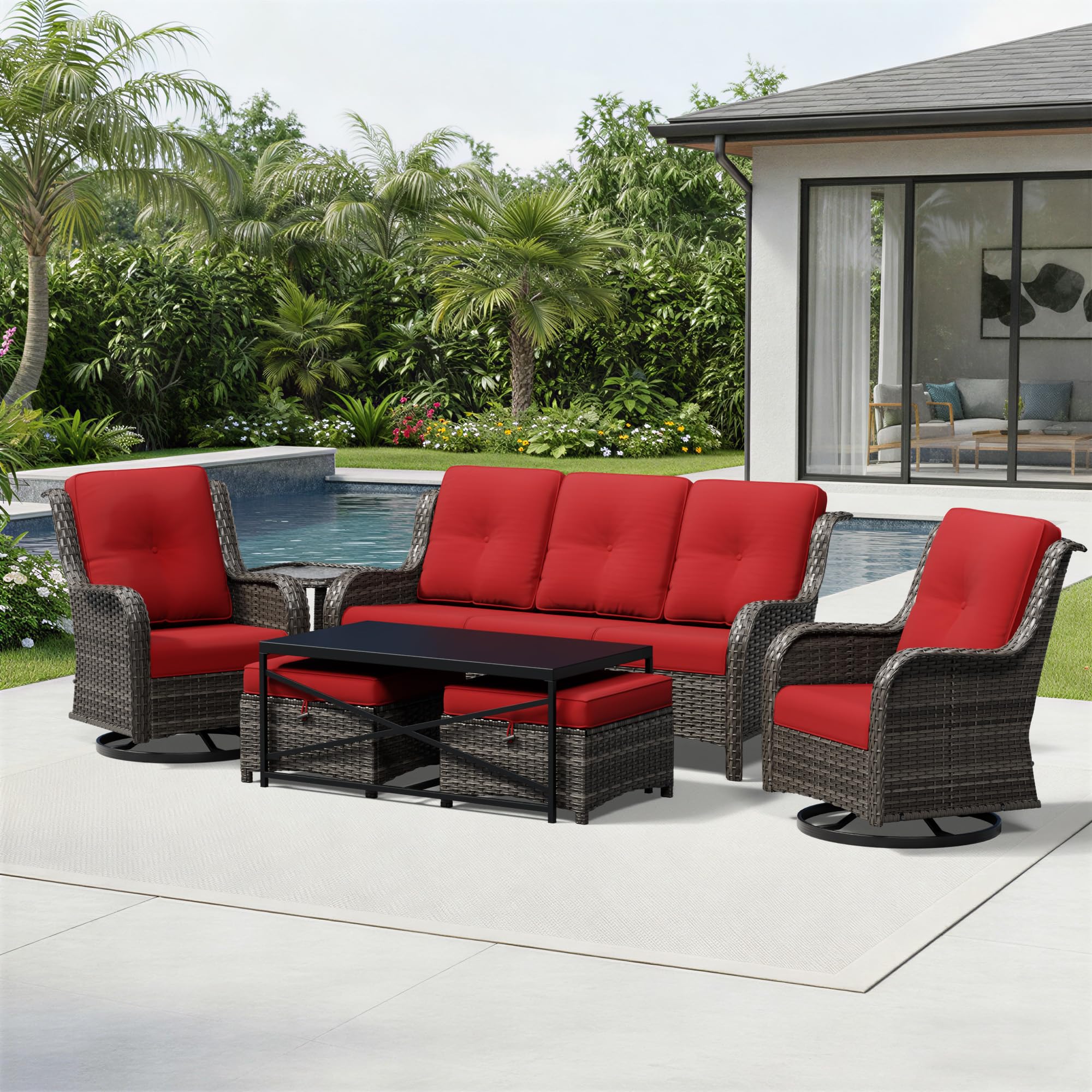 Joyside 7 Piece Wicker Patio Furniture Set, Outdoor Swivel Rocker Patio Chairs with High Back, Deep Seating, Wide Armrest, Thickened Cushions, Outdoor Furniture for Deck, Porch Use