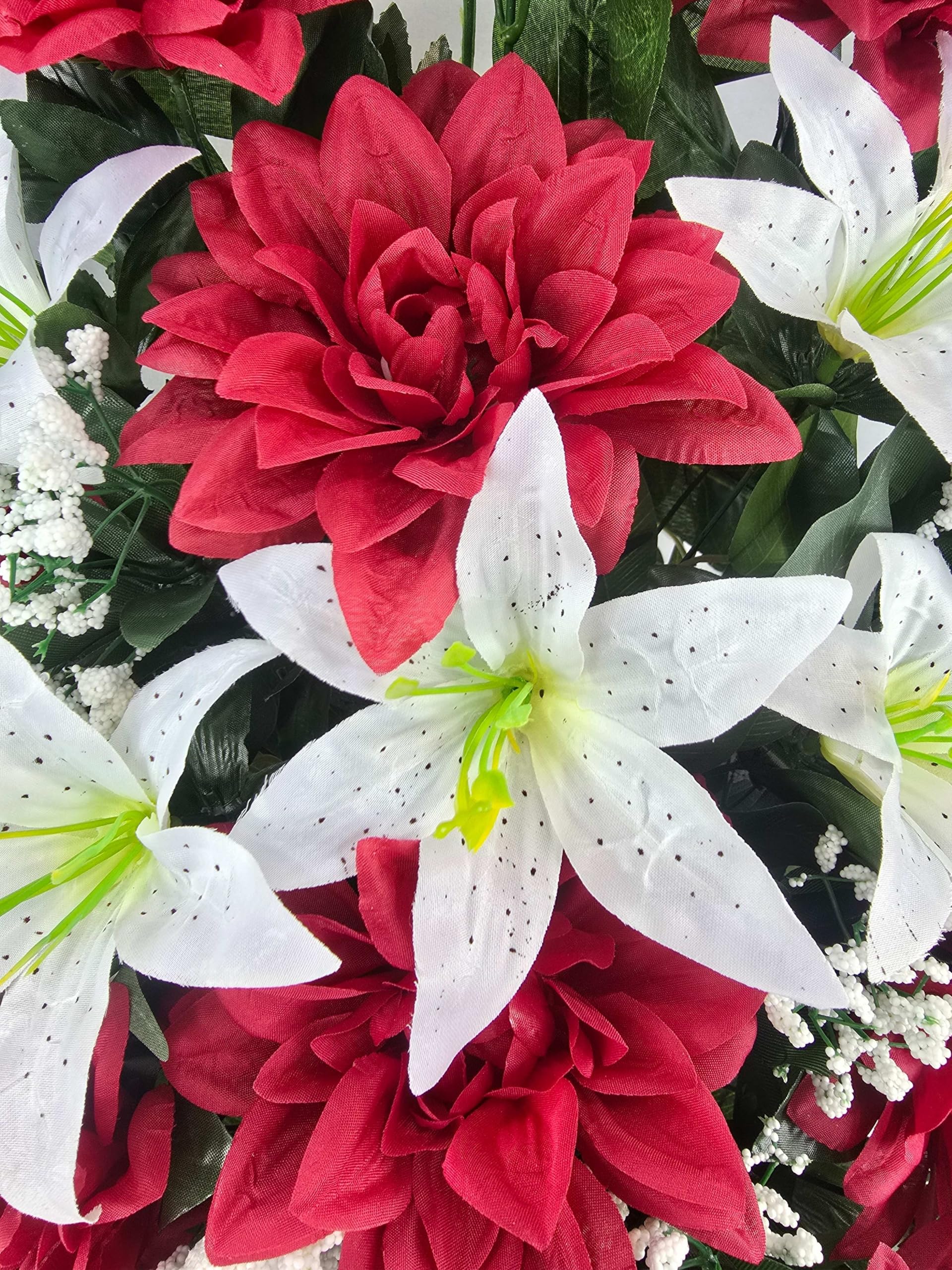 Centro de Flores Artificiales Cementerio, Iglesia Bodas sepulturas Rojo y Blanco con dalias, hortensias, claveles y gerberas 70x73x30