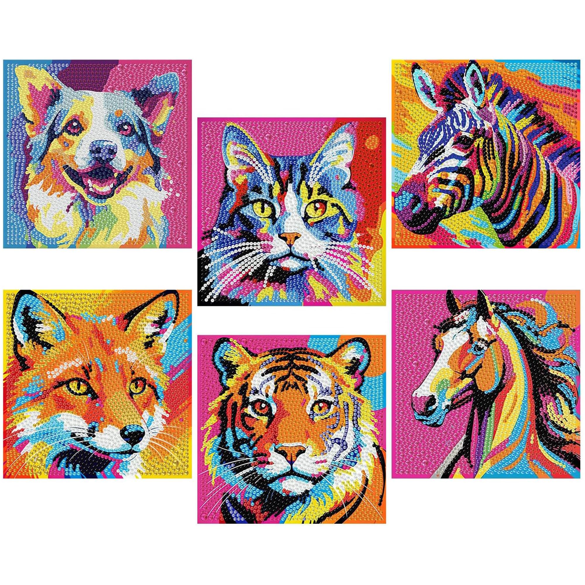 Viart 6 Pack Diamond Art for Kids - Cute Animal Diamond Painting Kids, Kids Diamond Art Animals, Dog Cat Tiger Zebra Fox Horse Mosaic Kits for Children Girls Boys Gifts (6x6inch)