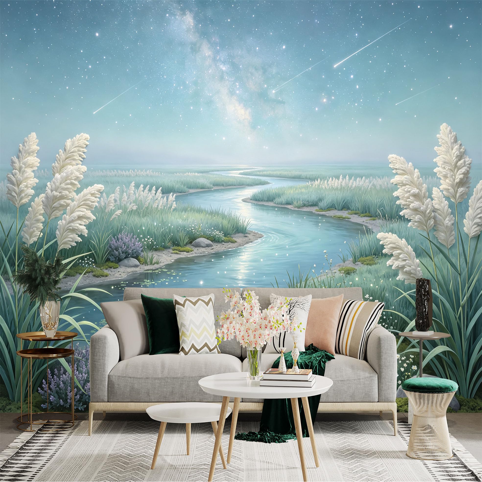 Lnzczhyre Bh260719396 Custom Size Wall Sticker Mural， Milky Way Over Serene River， Reed Meadow Landscape， Starlit Night Scene， For Wall Decoration， Peelandstick Wall Decals.