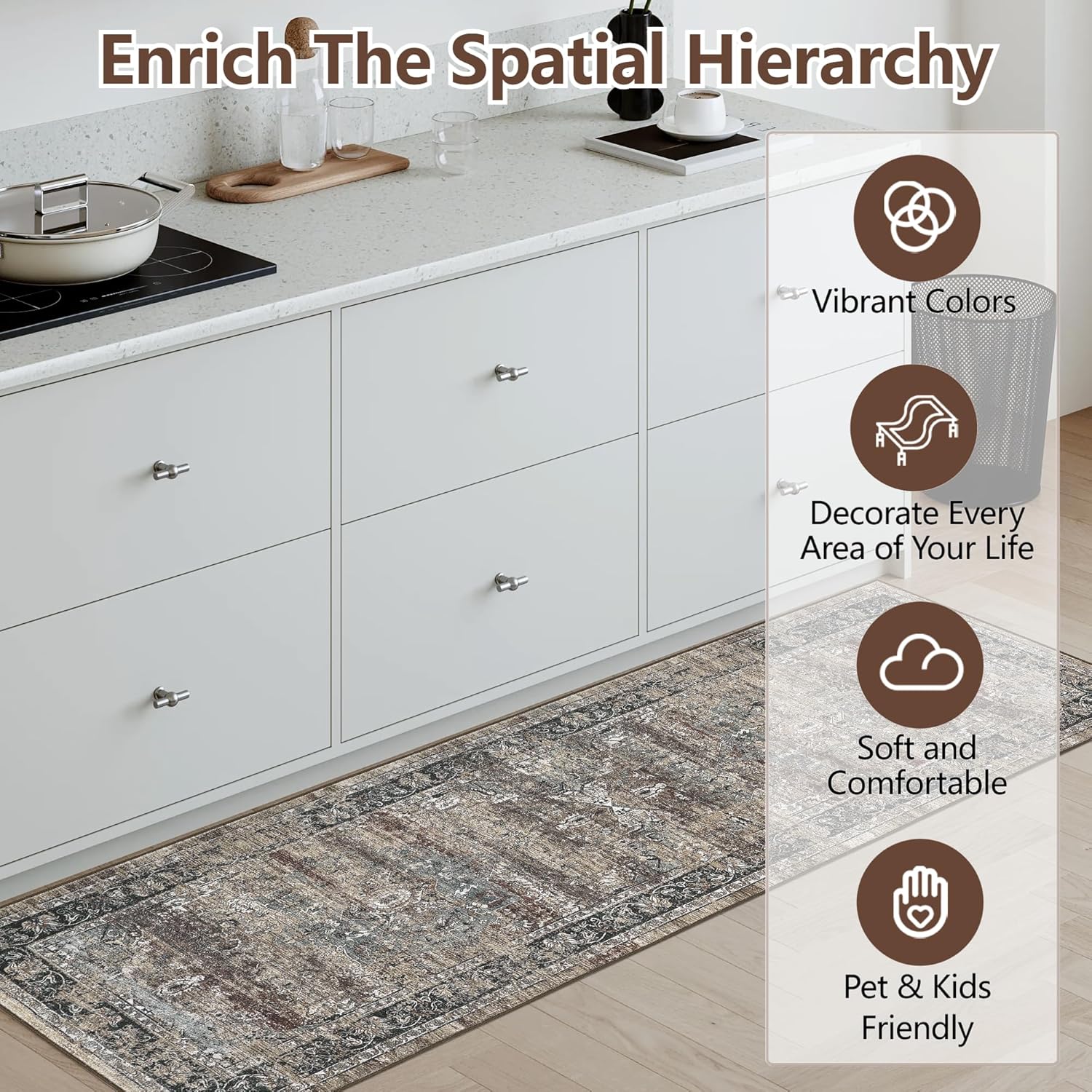 Washable Area Rugs 2x6 Vintage Printed Runner Rug with Non-Slip Backing, Oriental Distressed Floor Cover, Medallion Low Pile Indoor Mat for Hallway, Kitchen, Laundry, Brown