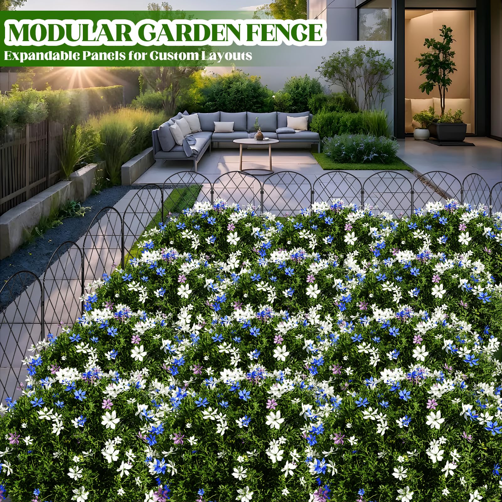 Recinzione Giardino in Metallo 20 Pezzi, lunghezza max 650 cm, bordura decorativa antiruggine 40 x 32,5 cm, con 40 clip 20 fascette e 40 astai, modulabile per aiuole prato e area animali