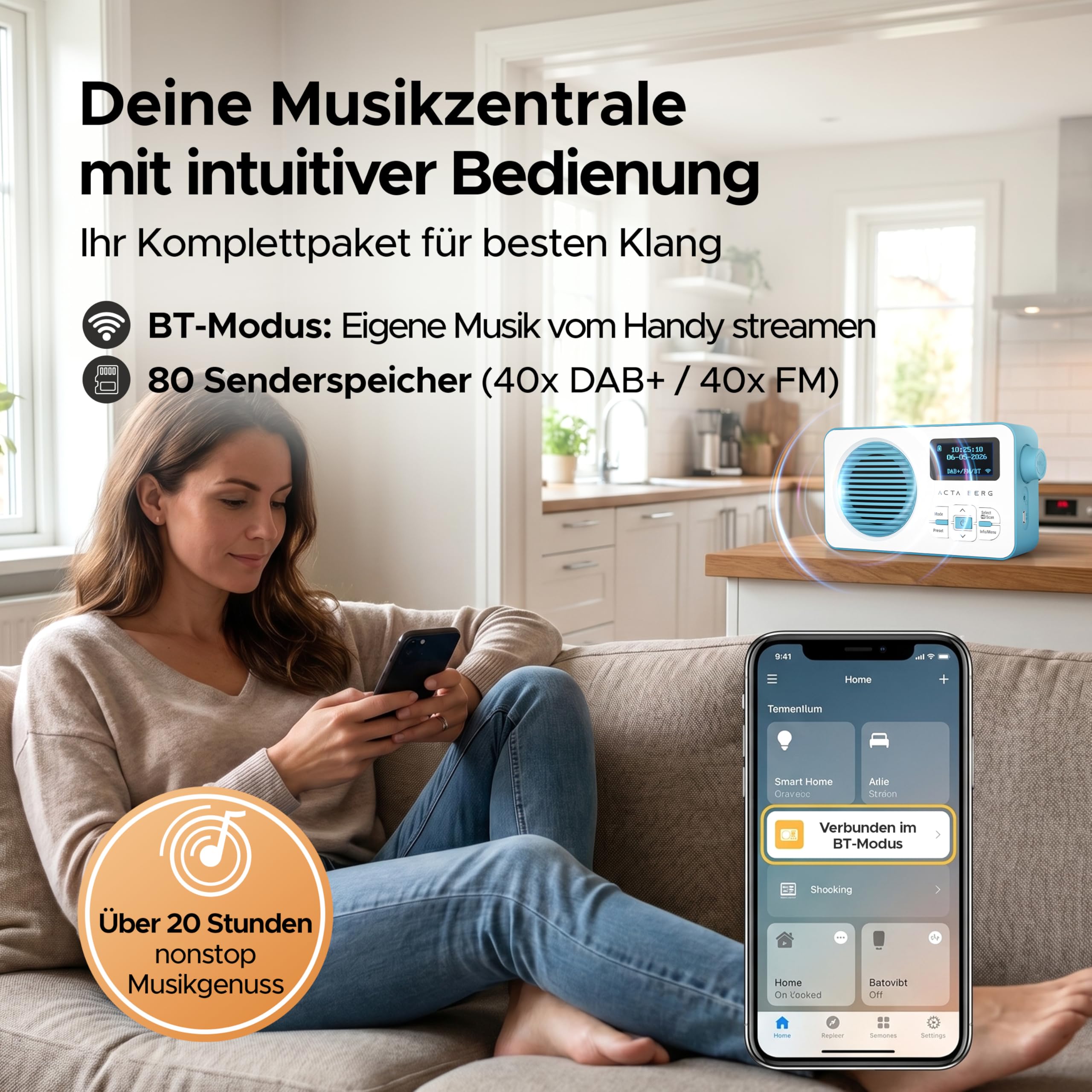 Acta Berg DAB Radio mit Akku 5000 mAh austauschbar & BT 5.3 (Baby-Blau) | DAB+/UKW-Radio, Akku austauschbar + Netzstecker, 80 Senderspeicher, USB-C, tragbares Digitalradio, mit Wecker & Timer