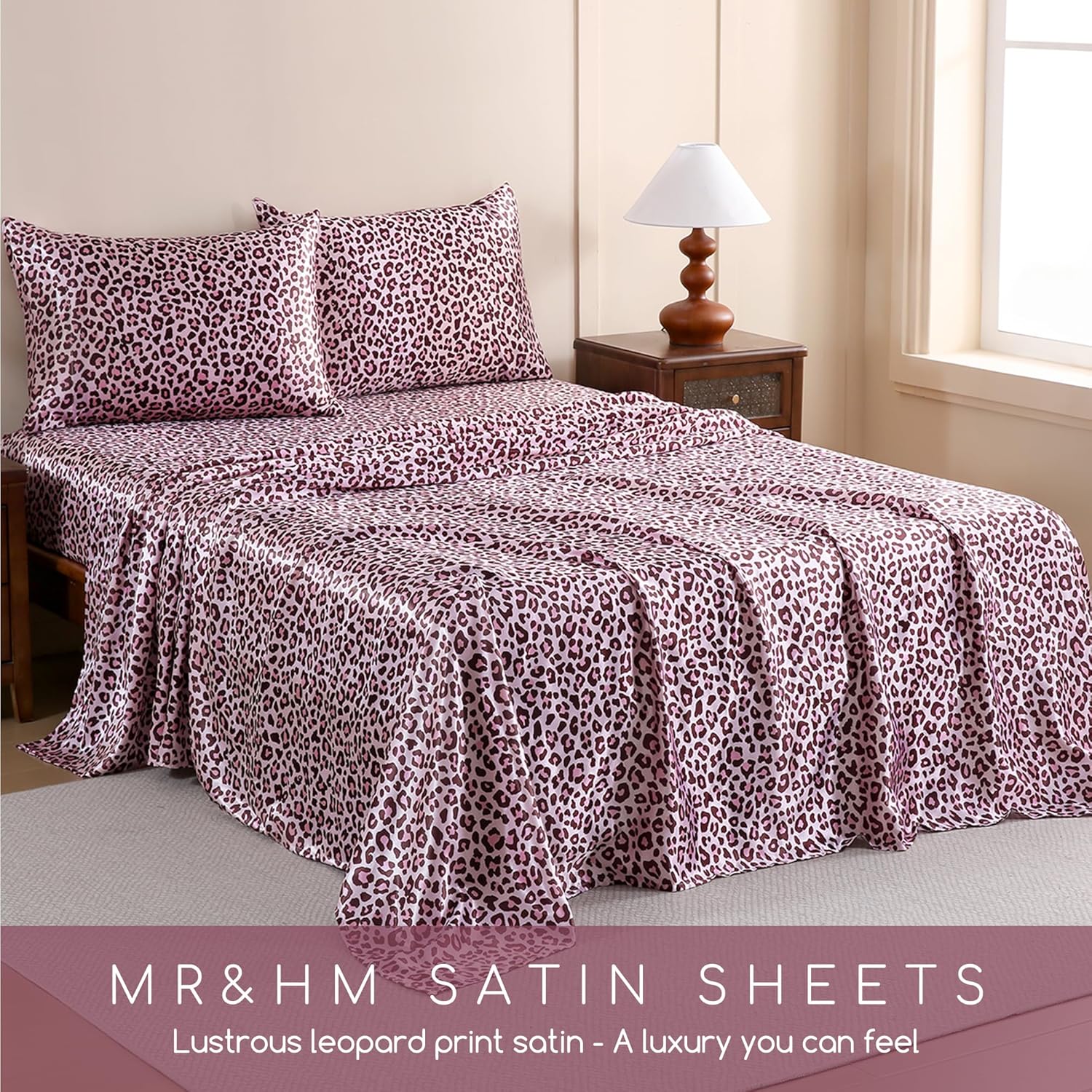 MR&HM Satin Bed Sheets with Elastic Corner Straps, Queen Size Sheets Set, 4 Pcs Silky Bedding Set with 15 Inches Deep Pocket for Mattress (Queen, Pink Leopard)