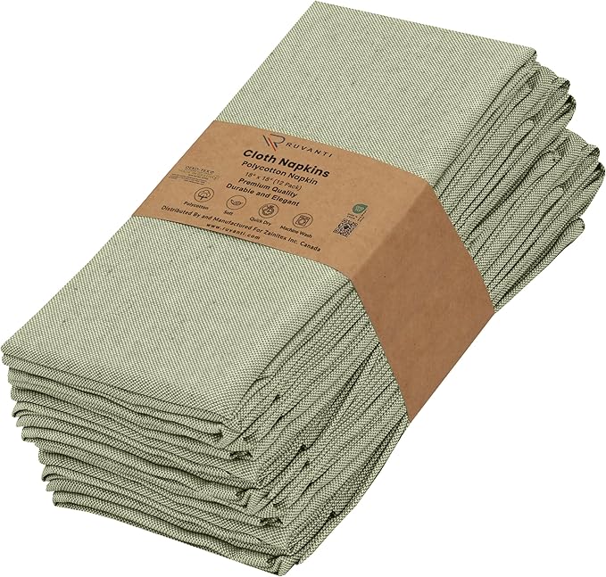 Ruvanti Cloth Napkins Set of 12, 18x18 Reusable Napkins Cloth Washable, Soft & Durable Table Napkins, Polycotton Chambray Dinner Napkins for Parties, Christmas, Thanksgiving, Weddings - Silver Lining