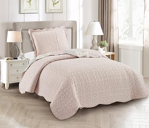 Miniatura 5 de Juego de edredón tradicional de rosa y salvia, con marcos de brotes de rosa, juego de edredón de 2 piezas con 1 funda, colcha reversible, colcha