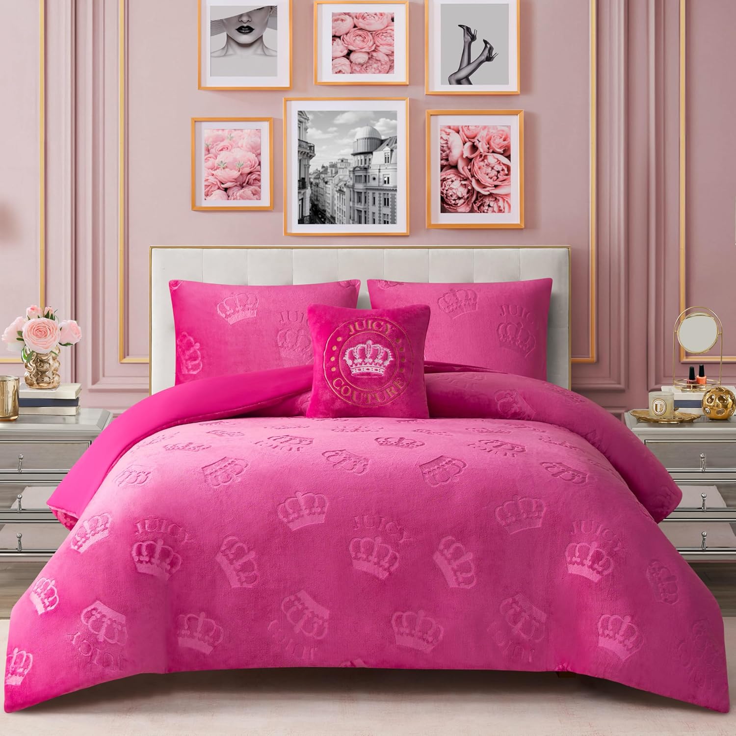 Juicy Couture Plush Reversible Embossed Crown 4-Piece Full/Queen Comforter Set with Decorative Pillow, Hot Pink
