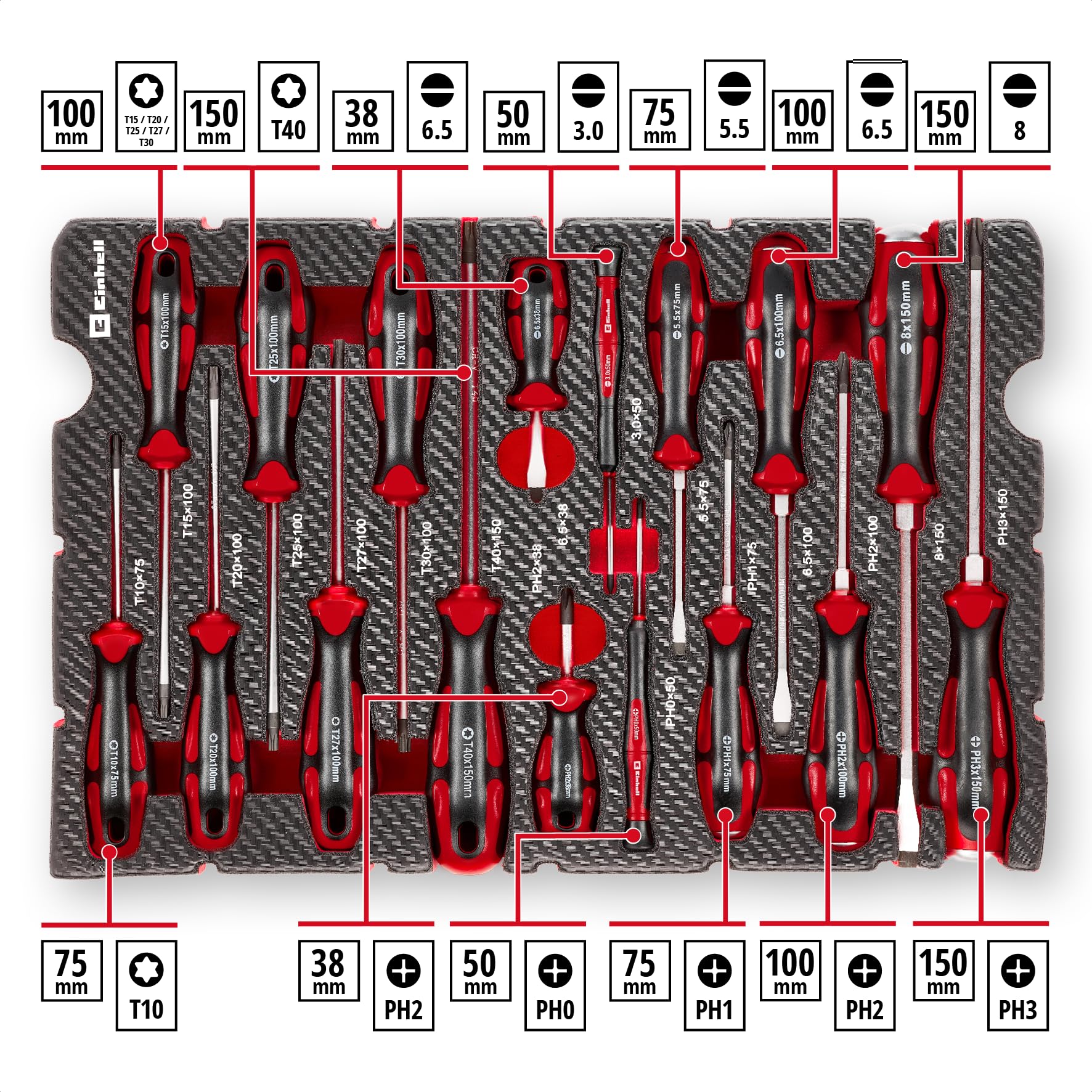 Einhell E-Case inserto portautensili 17 pezzi set di cacciaviti | Cacciaviti per carburatore | meccanica di precisione | calotta di battuta | profilo Torx | acciaio CrV | sistema E-Case