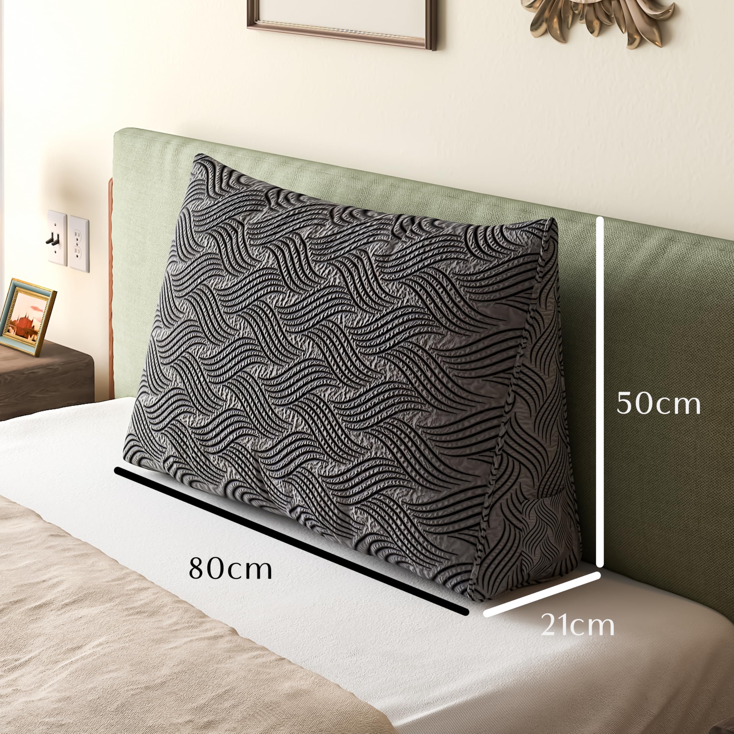 Rückenkissen, Lesekissen für Bett und Sofa, Rückenkissen Bett, Keilkissen Sofa große Kissen für Couch, Wandkissen, Dreieckiges Lesekissen, Deluxe beflockter Crinkle-Stoff (80 cm)