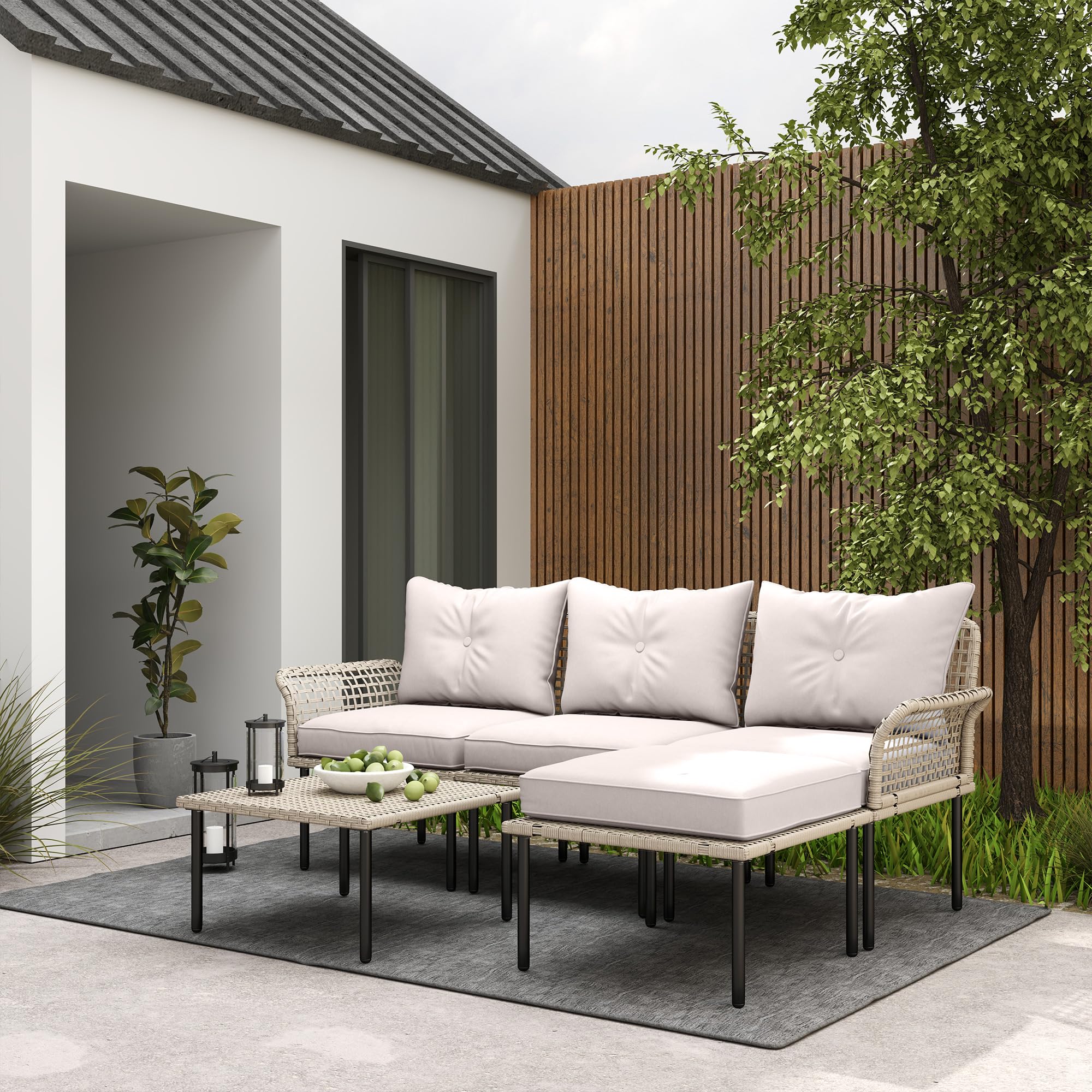 Outsunny Conjunto de Jardín Exterior de Ratán Sintético de 5 Piezas Muebles de Jardín Exterior Incluye 2 Sofás Esquineras 1 Sofá de Exterior 1 Taburete 1 Mesa de Centro con Cojines Crema