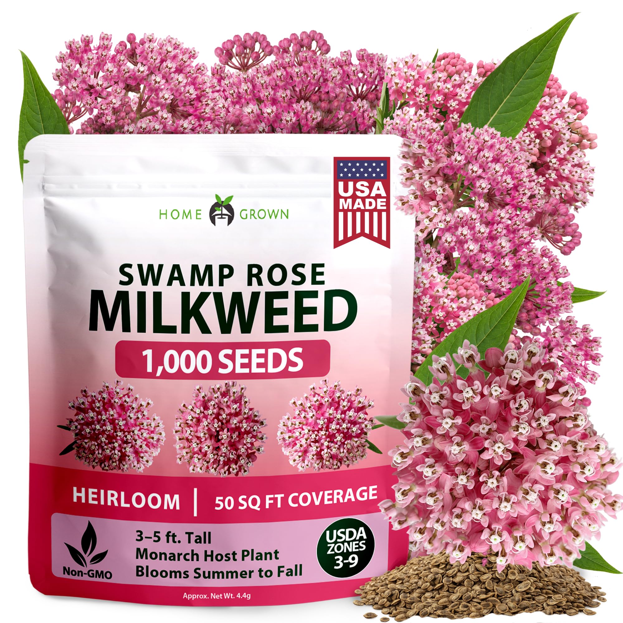 HOME GROWN Milkweed Seeds, Swamp Rose, 1,000 Seeds, Asclepias incarnata