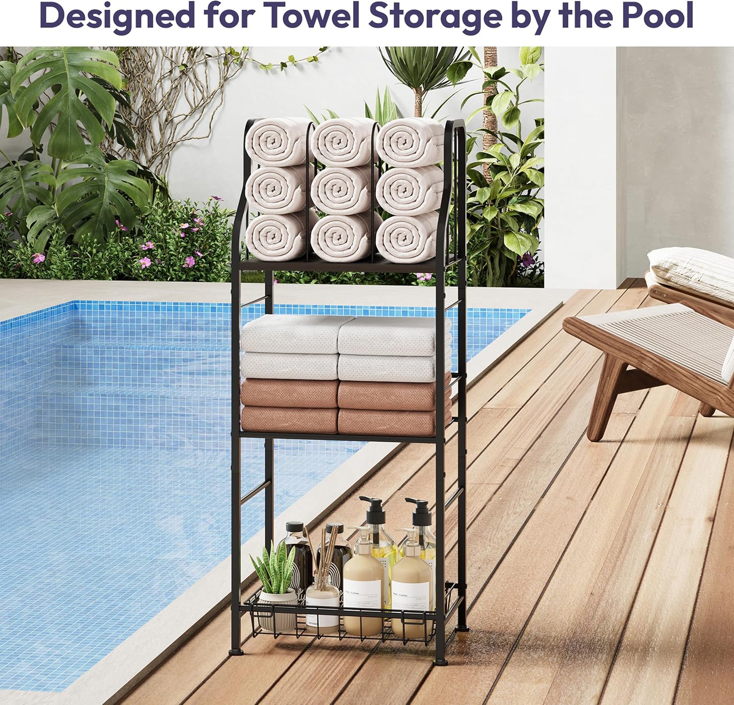SWTYMIKI Free Standing Towel Rack - 3 Tier M-Shaped Detachable Dividers Towel Shelf for Bathroom, Durable Metal Pool Towel Holder, Modern Space-Saving Bath Towel Storage Organizer image 4