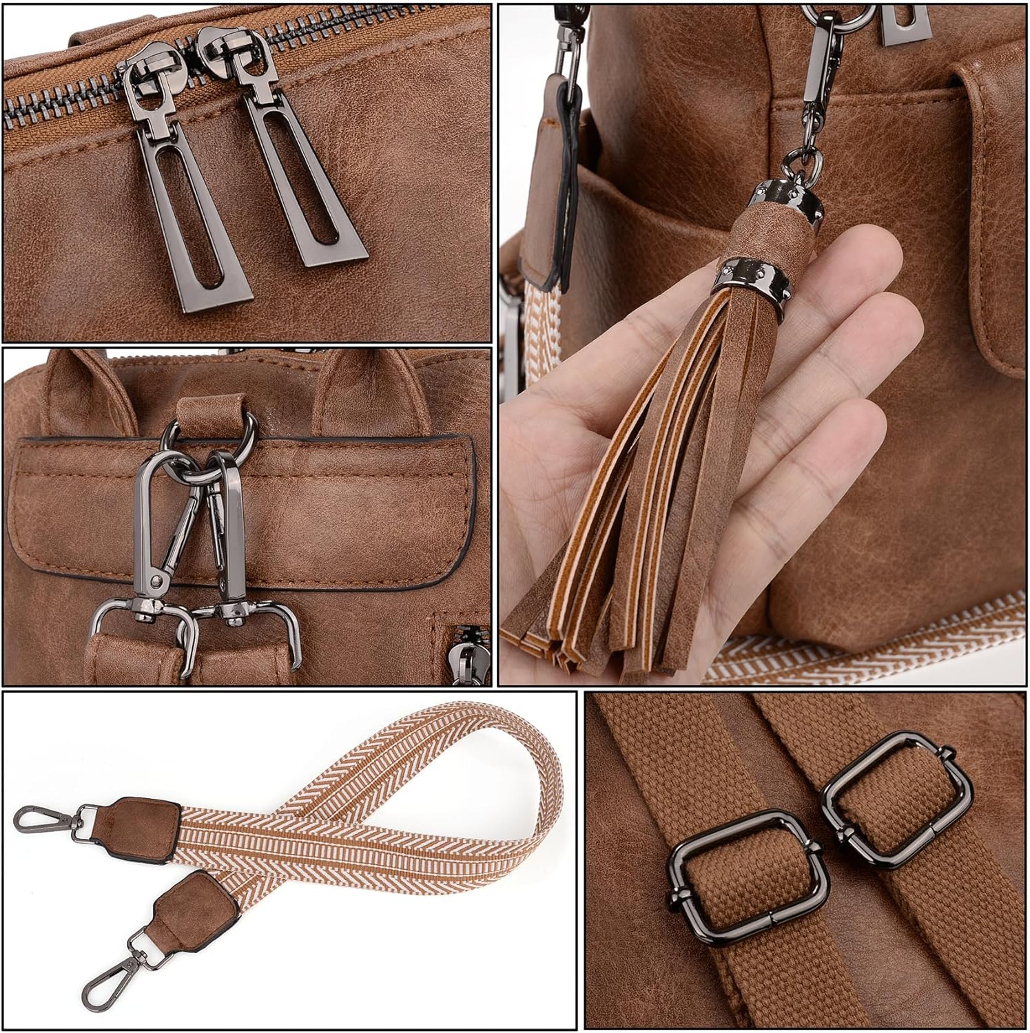 Uromee Backpack Purse for Women Small Vegan Leather Ladies Fashion Tassel Mini Travel Shoulder Bag Convertible Small Brown bag - Image 6