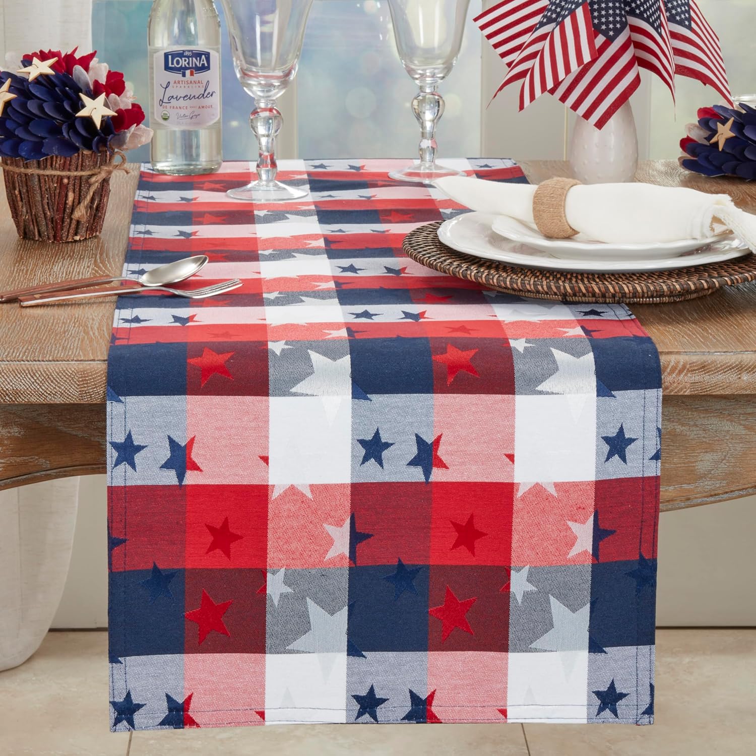 SARO LIFESTYLE Patriotic Stars & Checkered Table Runner – Americana Table Linen for Memorial Day, Fourth of July & Holiday Entertaining, Multi, 16"x108"